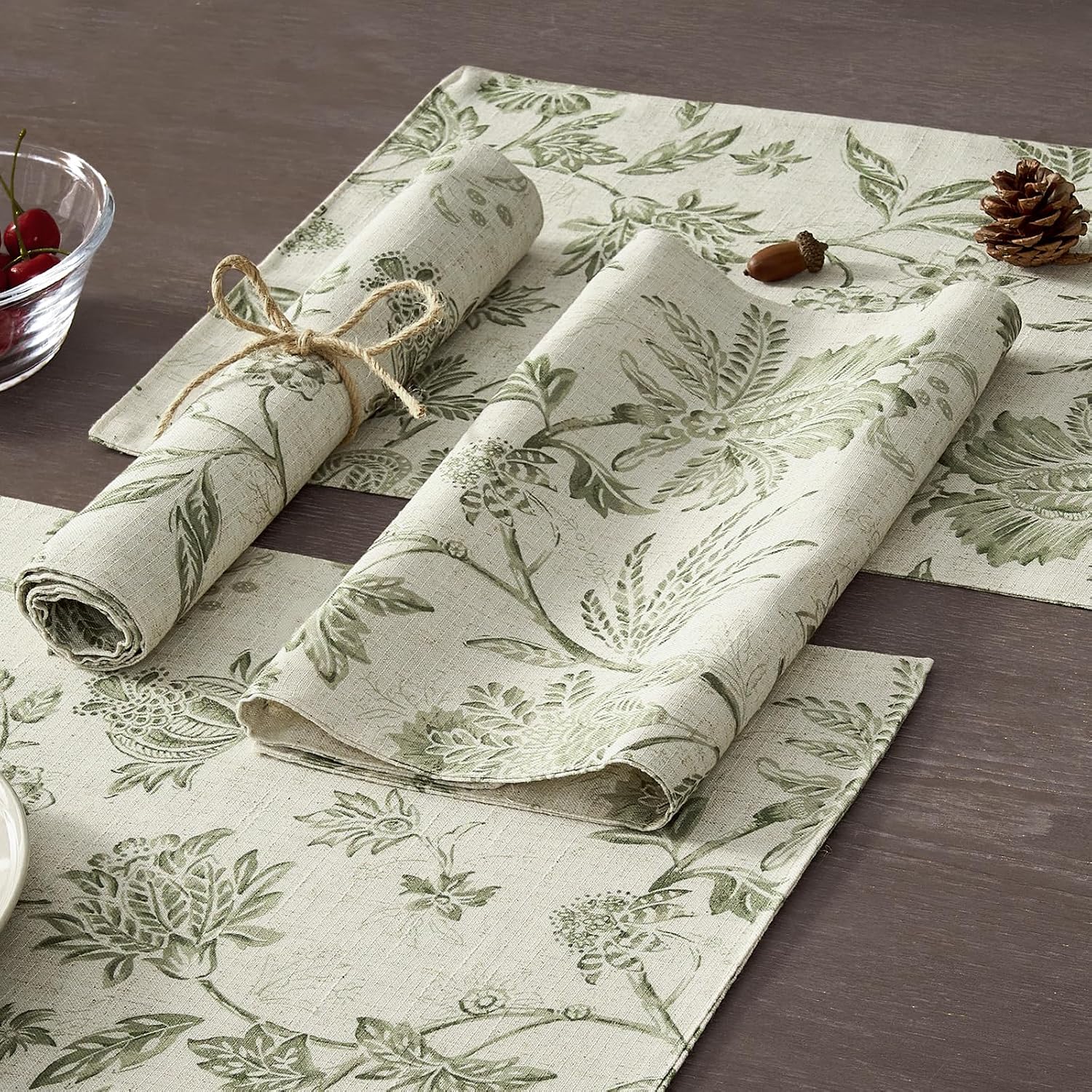 JINCHAN Sliva Linen Floral Placemats Set of 4 Farmhouse 13x19 Sage Green | Fabric Placemats, Cottage Style, Painterly