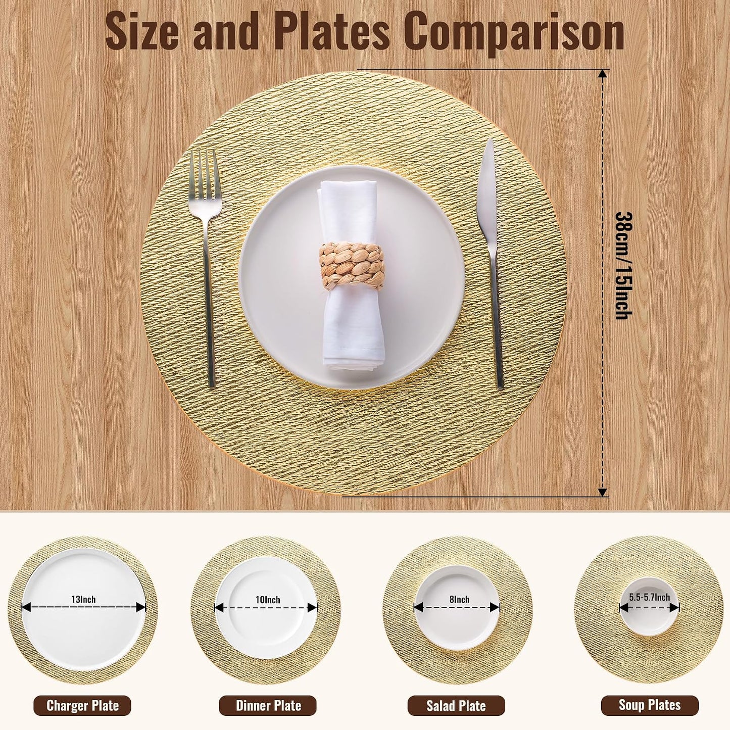 Jovono 15" Faux Leather Big Round Placemats Set of 8 - Washable Heat Resistant Non-Slip Dining Table Mats with Fabric