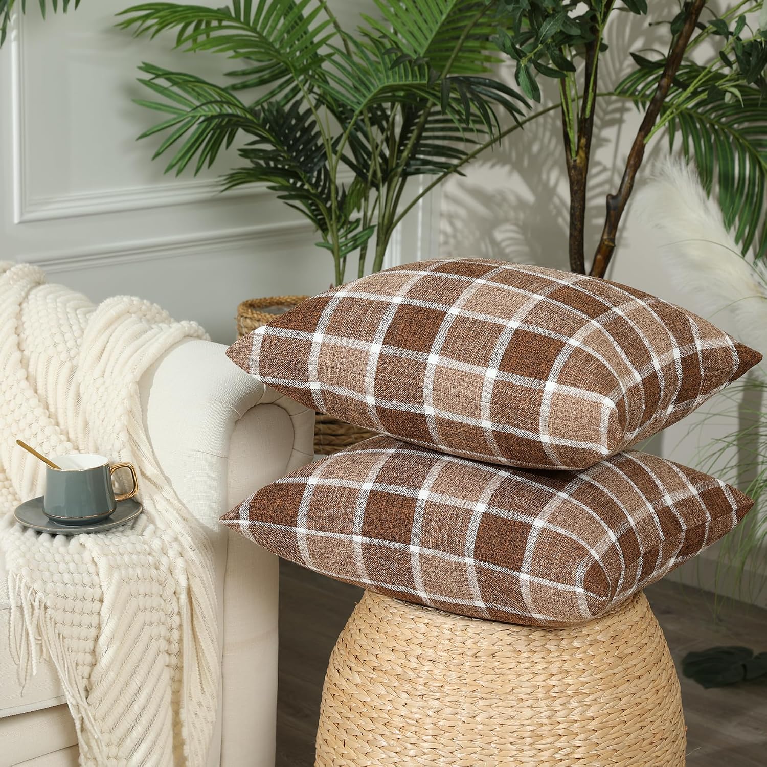 Farmhouse Plaid Decorative Cushion Covers / 18 x 18 / Check-chocolate / Set of 2