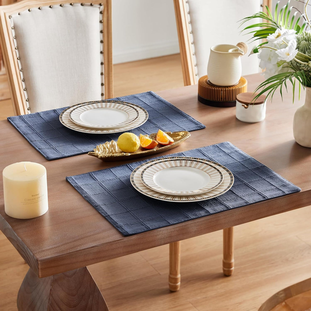 Linen Checked Farmhouse Placemats Set of 6, Blue 13x19in | Double Layer, Reversible, Thick Textured Table Mats, Raised