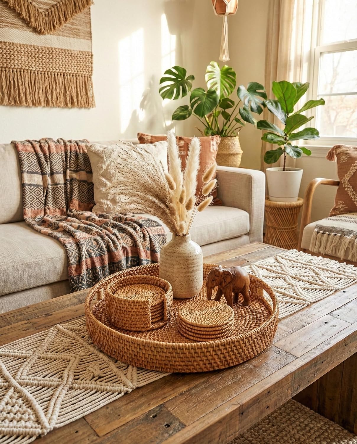 Round Rattan Serving Tray & 6 Coasters Set / Natural