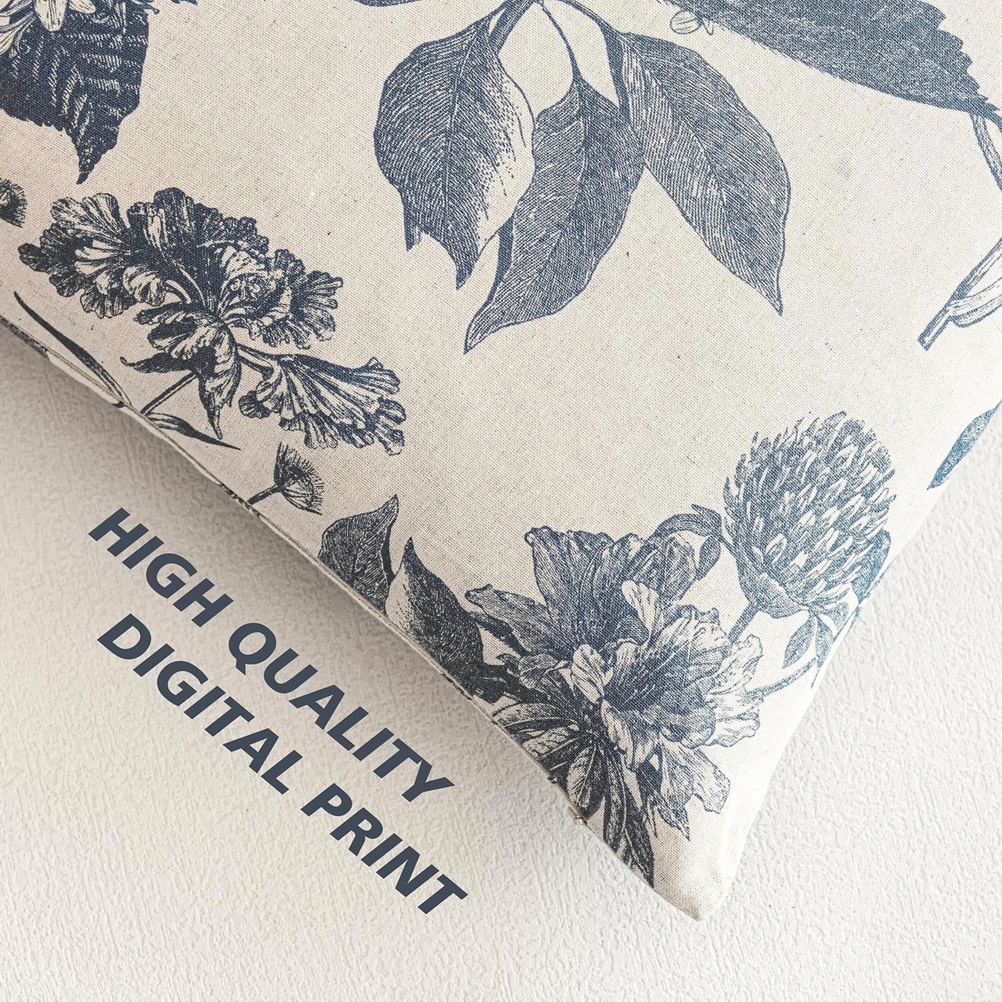 Linen Floral Vintage Throw Pillow Covers Neutral Accent Print / 18 x 18 / Aegean Blue / Set of 2