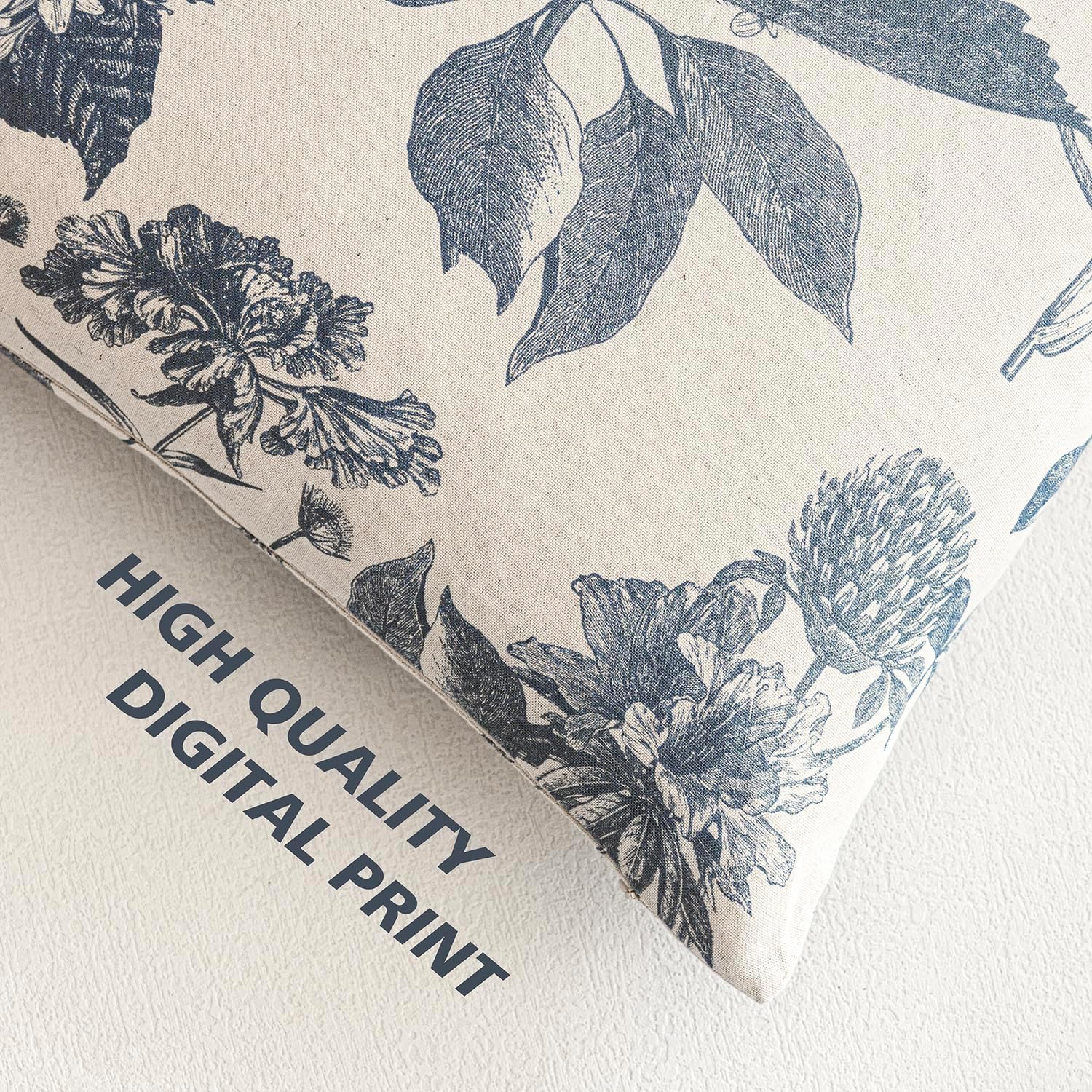 Linen Floral Vintage Throw Pillow Covers Neutral Accent Print / 18 x 18 / Aegean Blue / Set of 2