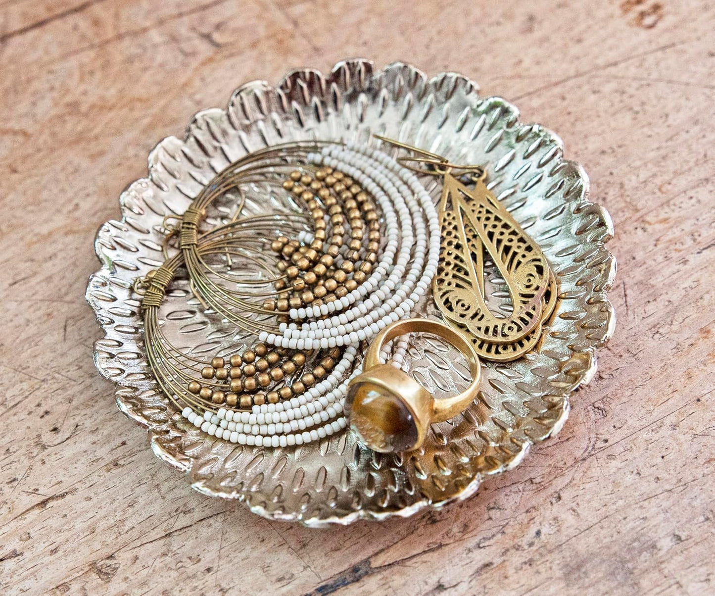 Brass Jewelry Tray / Brass with Embossed Design / Gold