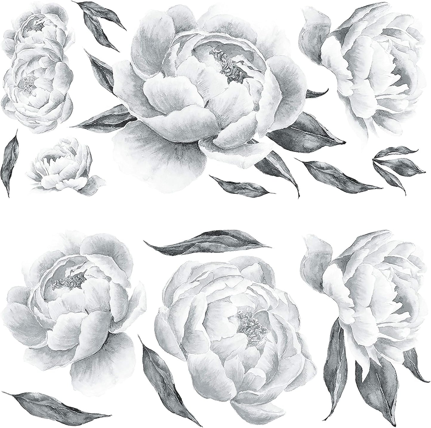 RMK4413GM and White Peonies Giant Floral Peel and Stick Wall Decals / Black