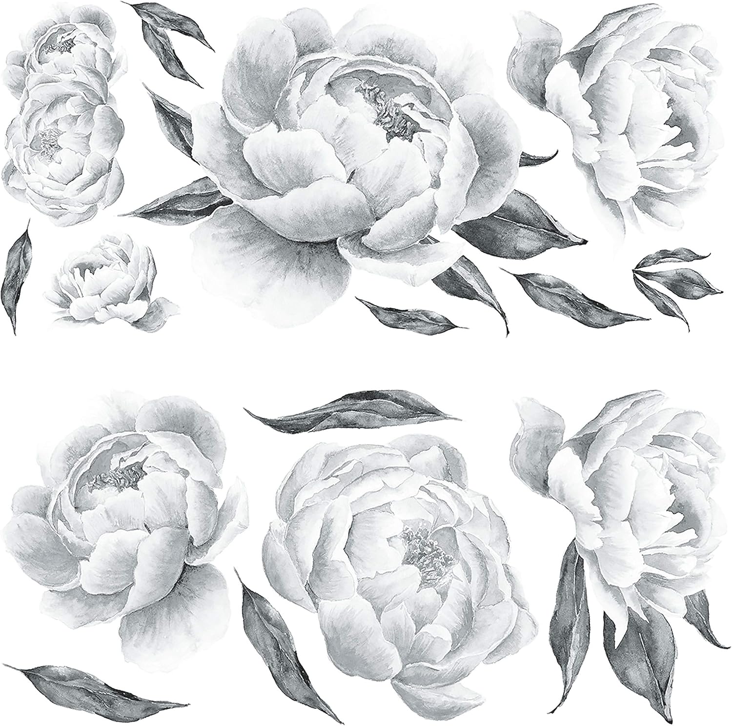 RMK4413GM and White Peonies Giant Floral Peel and Stick Wall Decals / Black