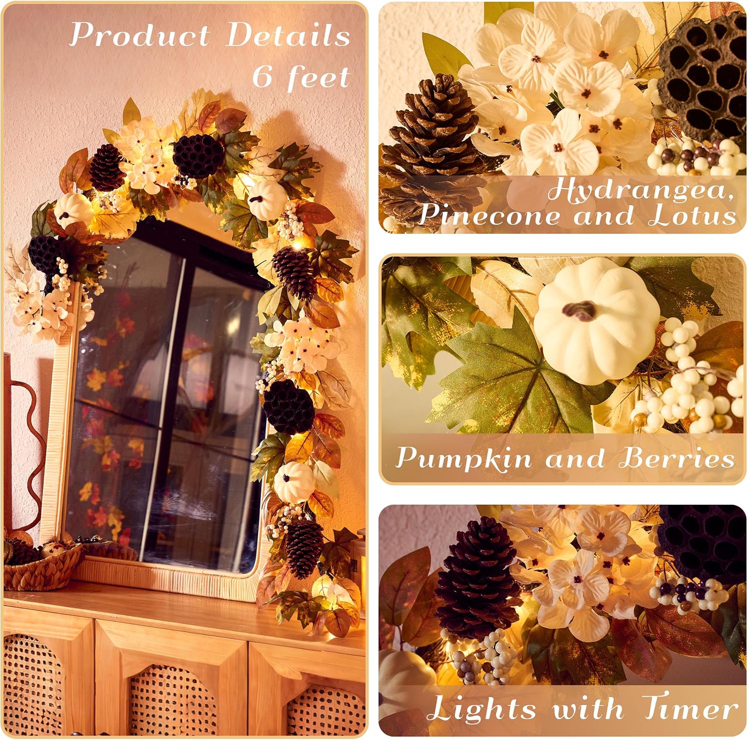 Artificial Fall Autumn Harvest Garland for Mantel / 6 ft