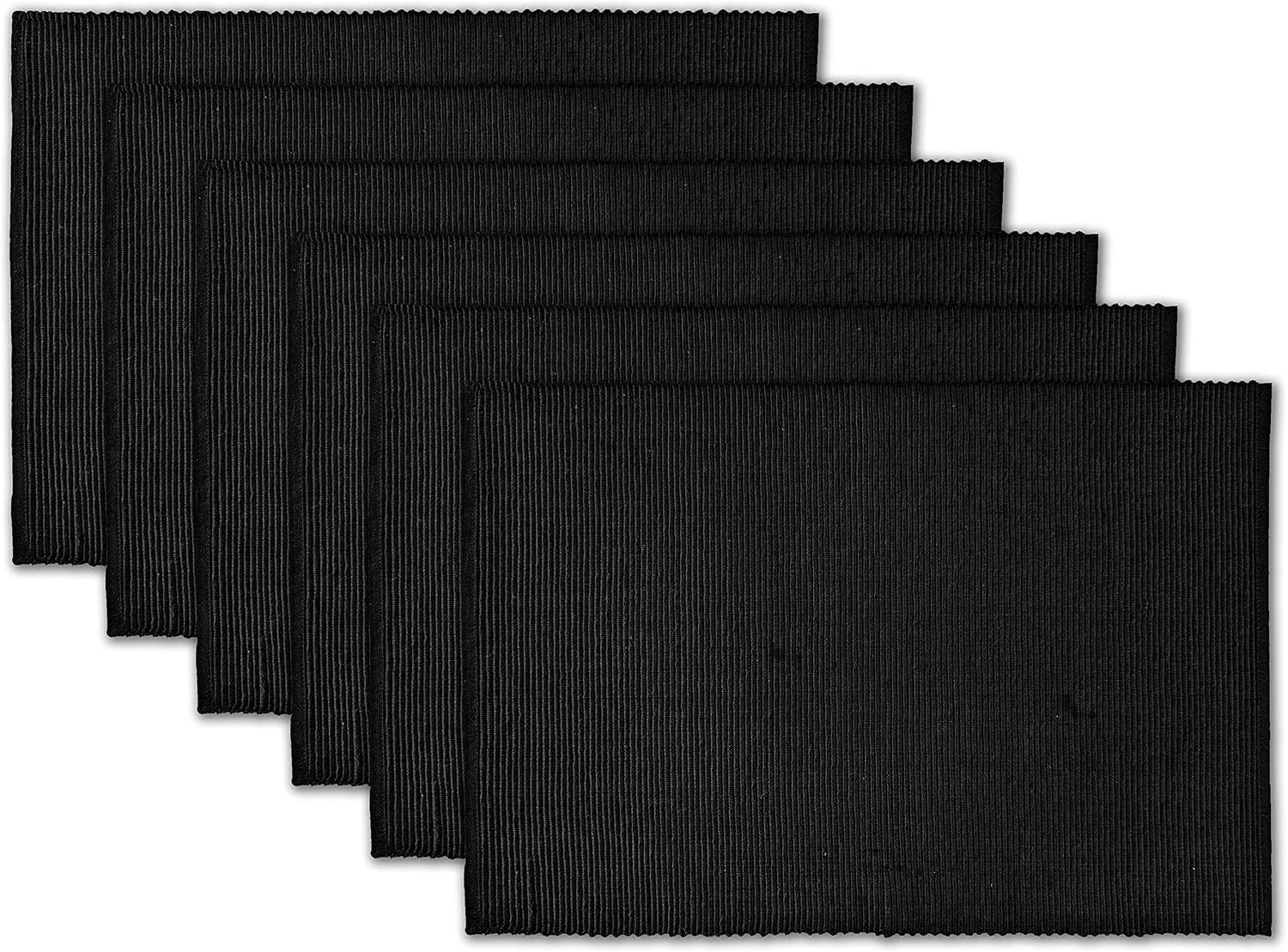 100% Cotton Ribbed Placemats - Set of 6-13 x 19 Inches - Black - Everyday Cloth Table Mats - Thick Construction