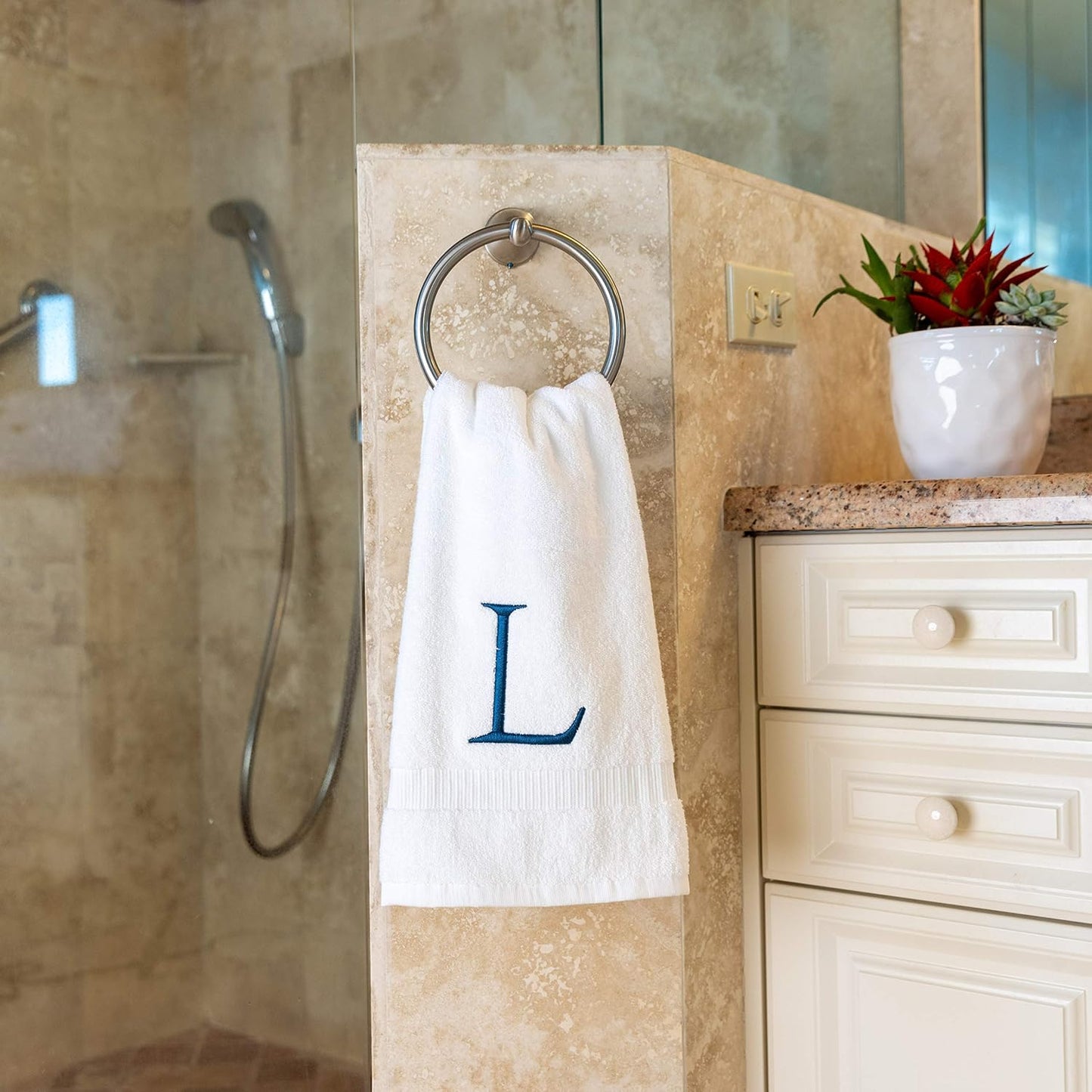 White with Navy Monogrammed Hand Towels for Bathroom - Set of 2 Letter L | Luxury Hotel Quality Initial Towels For