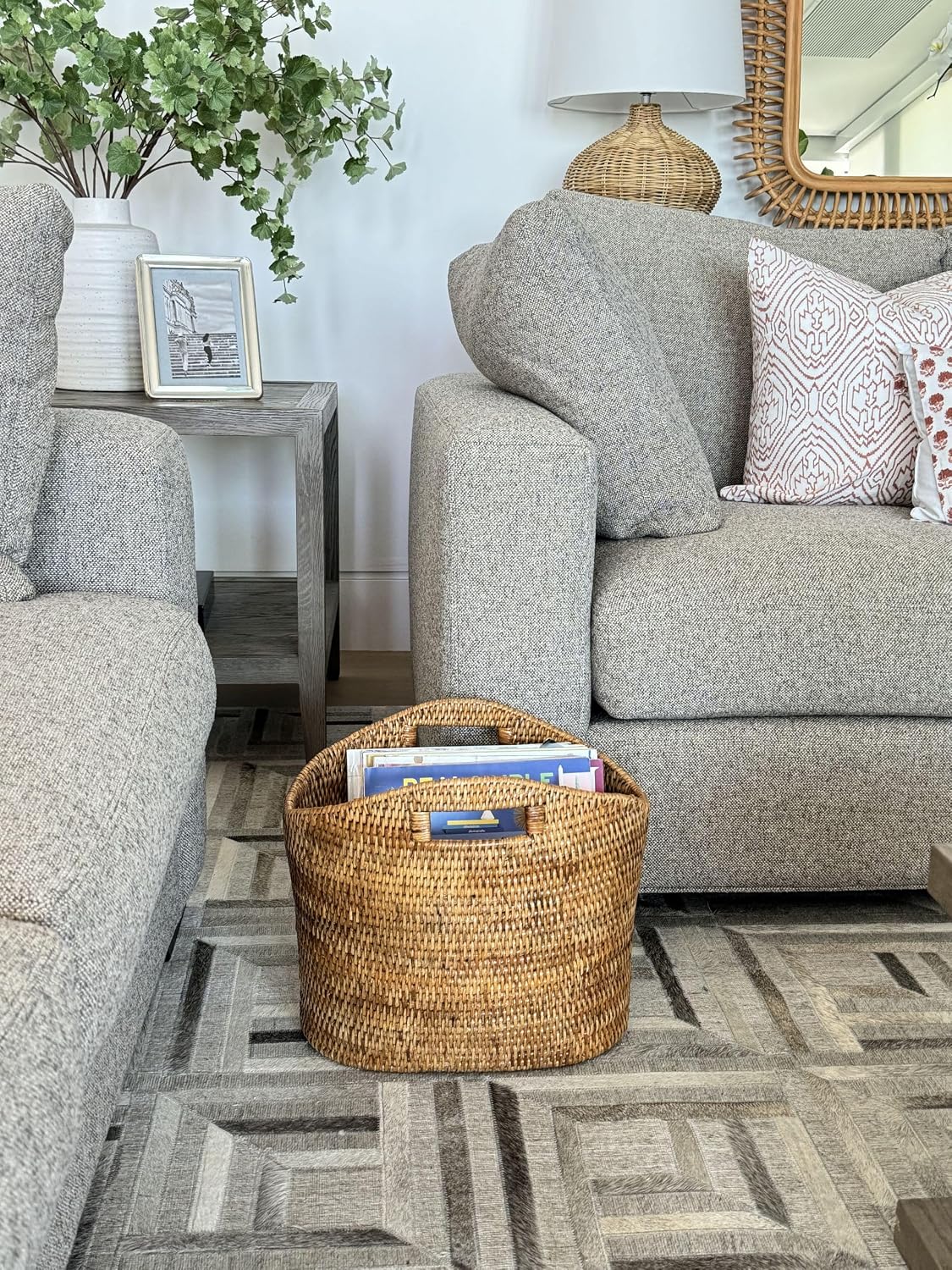 KOUBOO La Jolla Oval Rattan Magazine Rack, Woven Organizer, Honey Brown | Handwoven natural texture, open-top design
