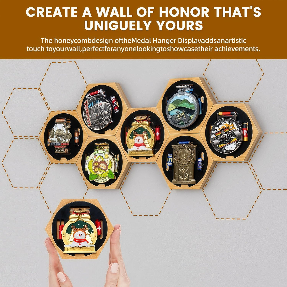 Medal Hanger Display - Honeycomb Marathon Medal Hanger, Race Medal Holder Rack for Wall with No-Drill Adhesive