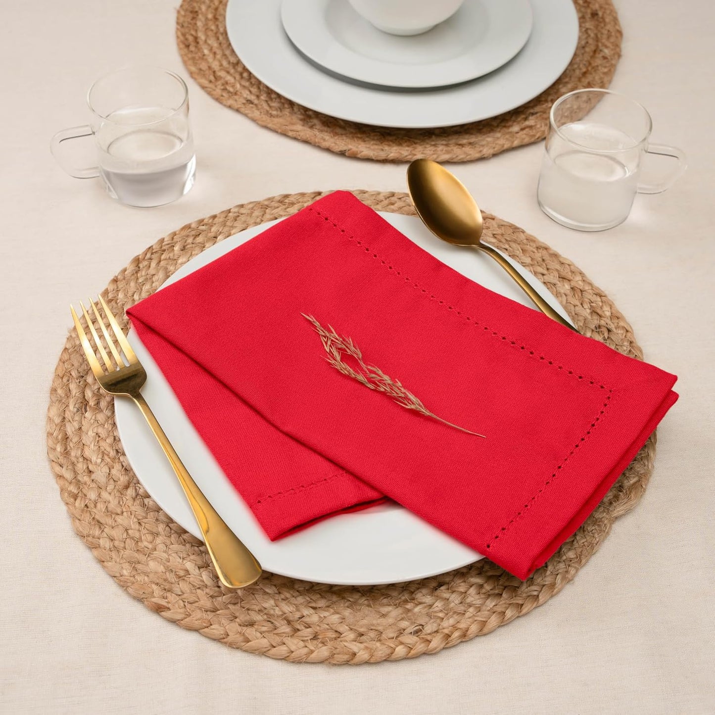 Blue Needles Set of 12 Hemstitch Linen Napkins 100% Cotton Red Cloth Dinner Napkins 18x18 inches, Soft, Reusable