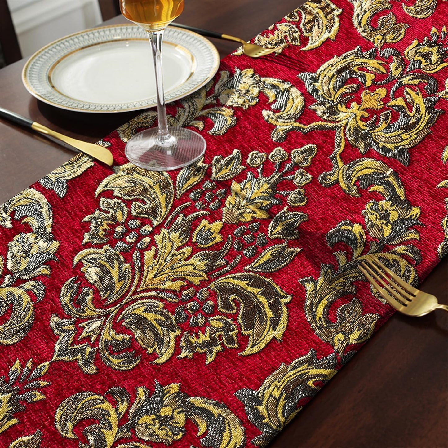 Exquisite Red Table Runner Large 108 Inch Vintage European Floral Chenille | for Christmas Dining Table,Dresser,Banquet