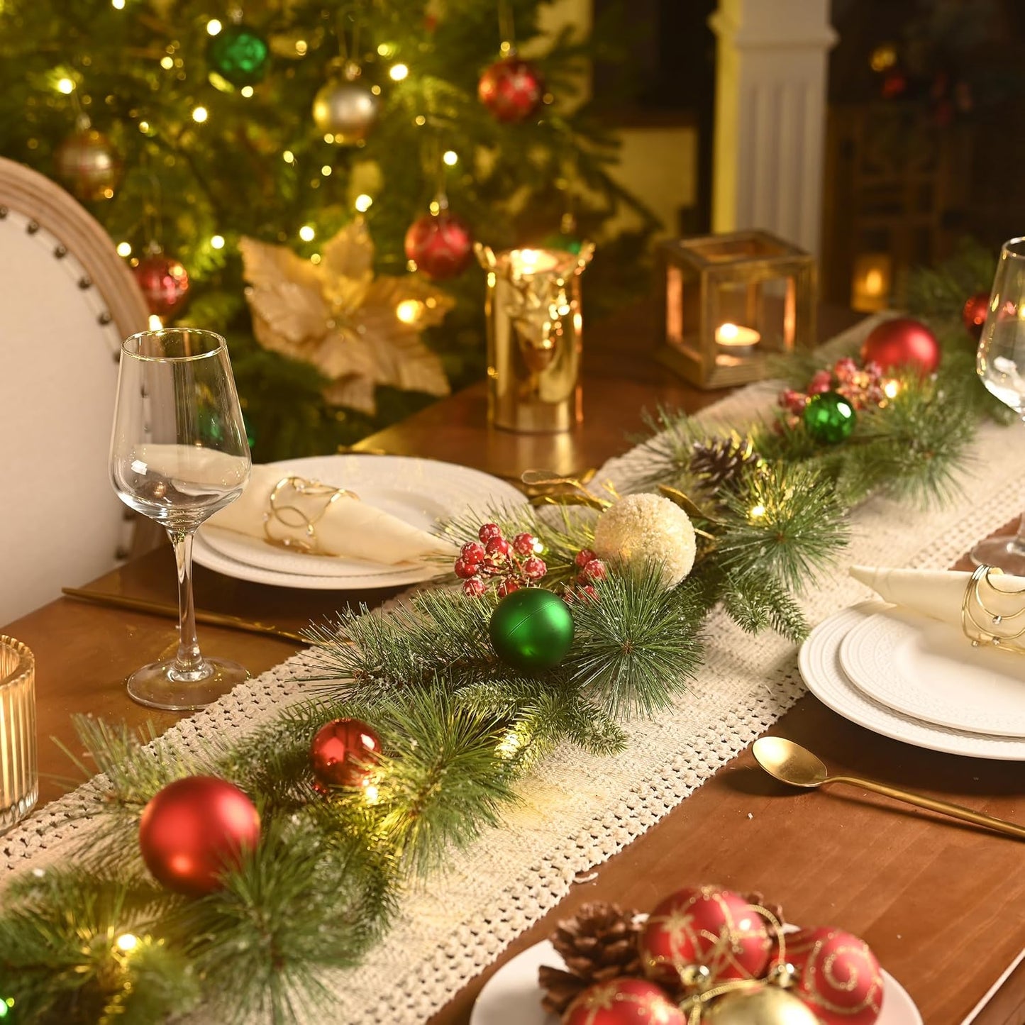 Valery Madelyn 9 Ft Pre-Lit Christmas Garland with Light for Mantle, Lighted Outdoor Xmas Garland with Red Green Gold