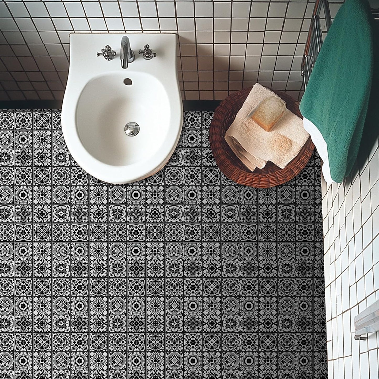 9 Style Wall Tile Stickers / Black Gray Pattern / 4 x 4 / Set of 36