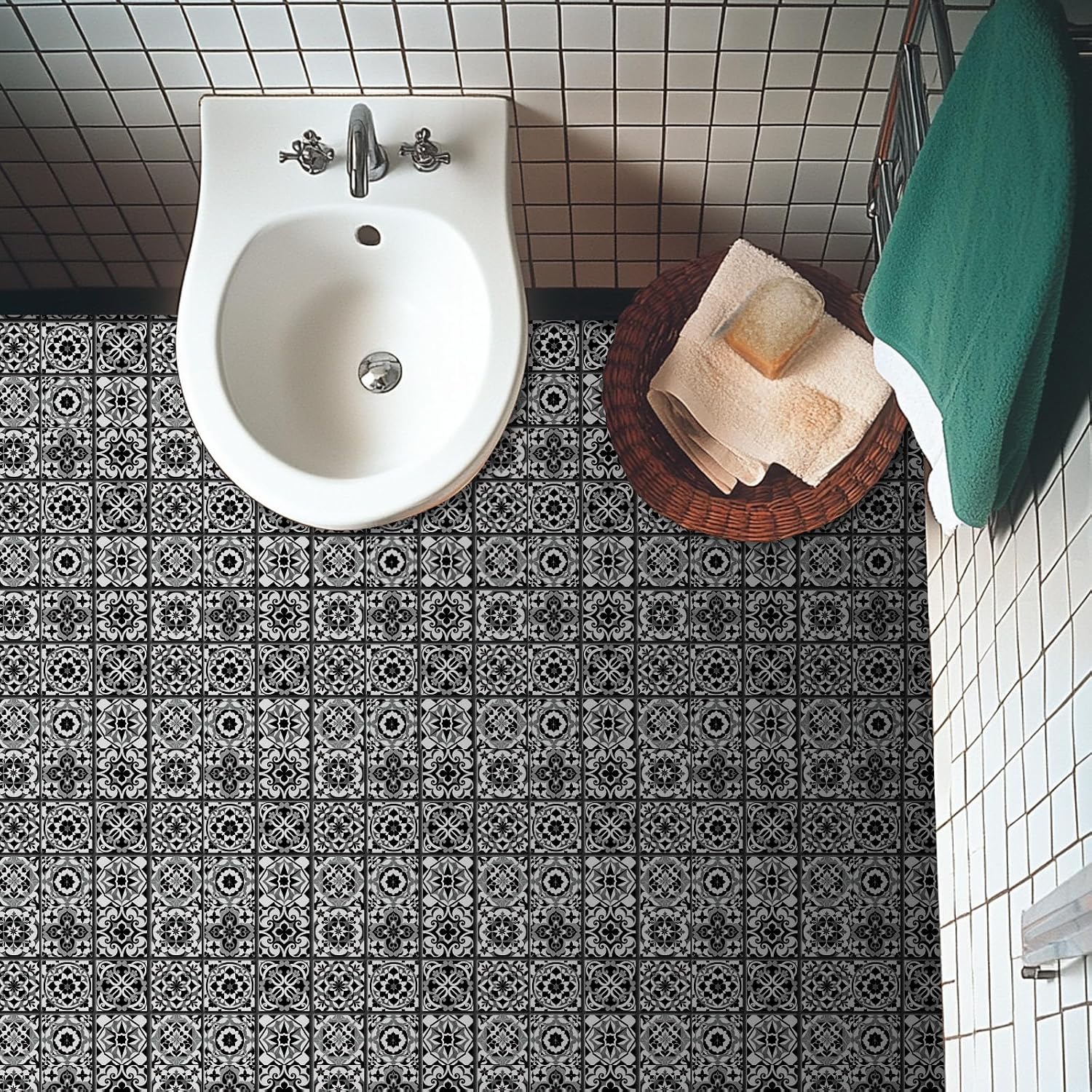 9 Style Wall Tile Stickers / Black Gray Pattern / 4 x 4 / Set of 36