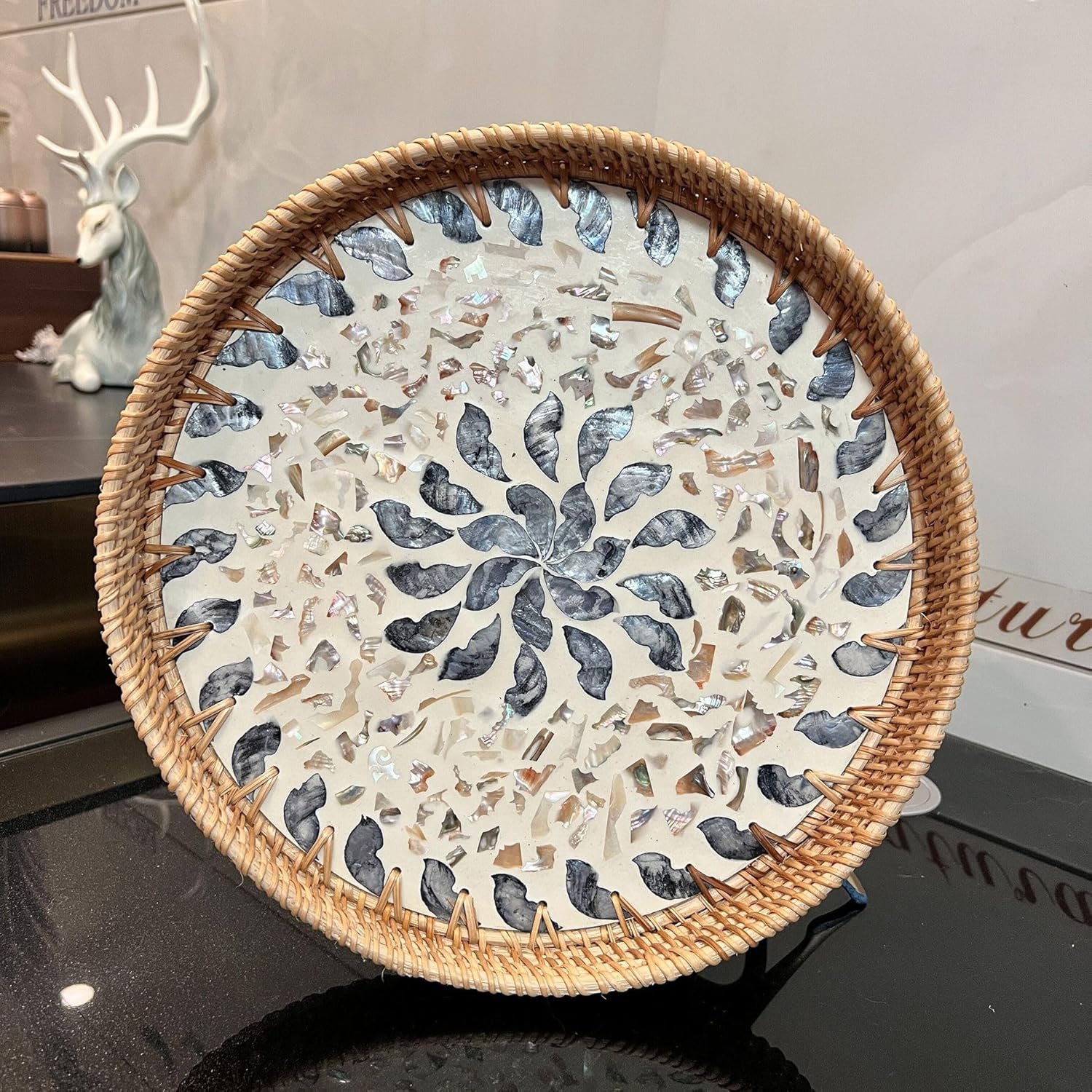 Large Rattan Serving Tray / Lucky Flower / 14 Inch
