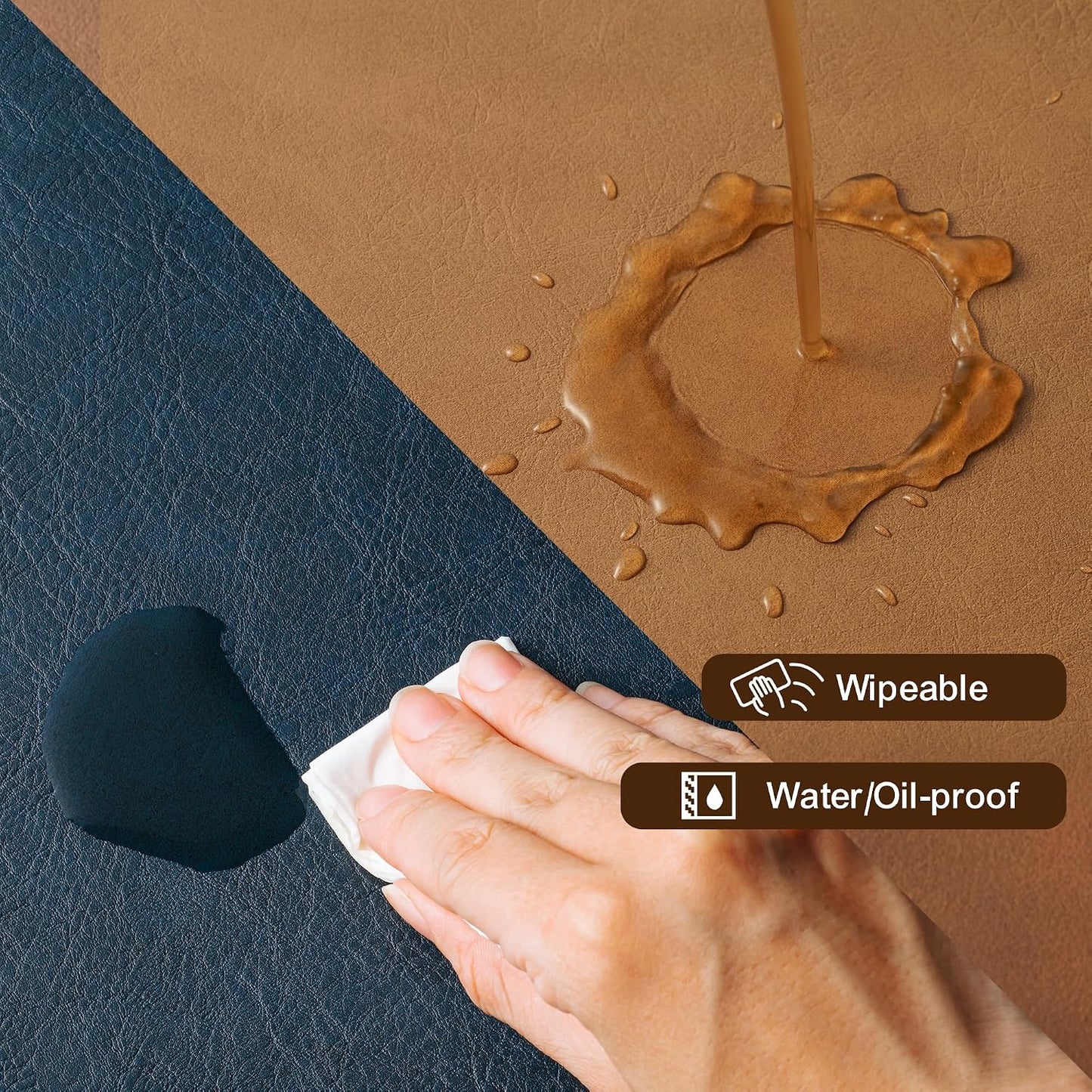DOLOPL Placemats Set of 6, Reversible Dual-Color Faux Leather Place Mats | Camel & Navy Blue, Wipeable & Washable, Heat