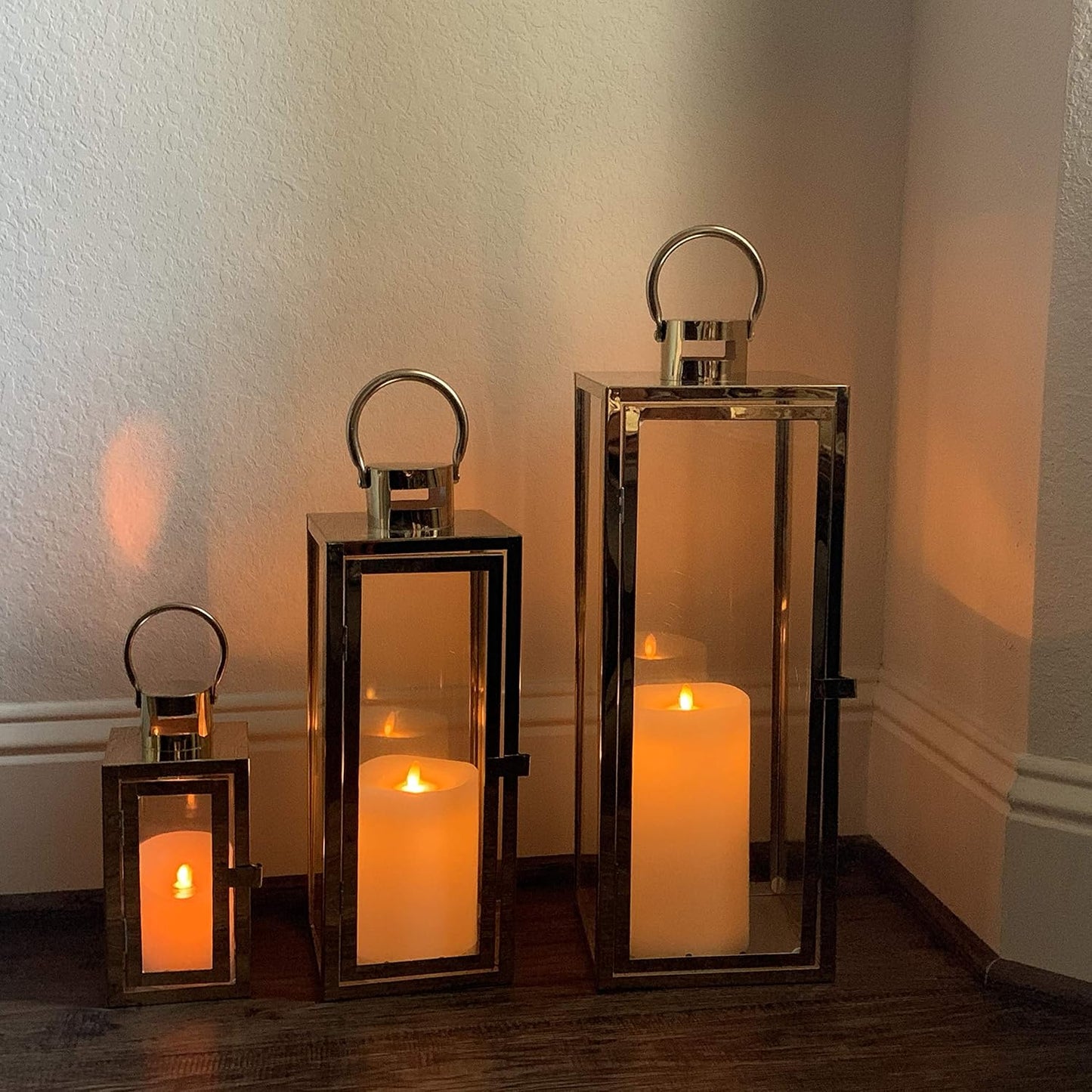 Allgala 3-PC Lantern Set 23 Inch Jumbo Deluxe Modern Indoor/Outdoor Candle Lantern Set Stainless Steel Frame Tempered