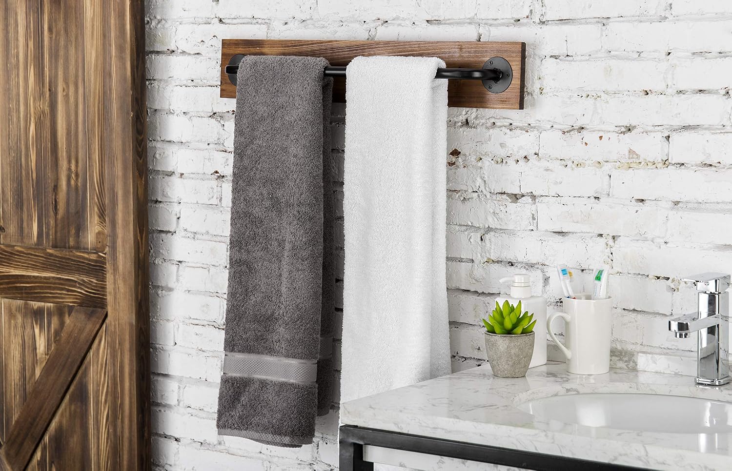 MyGift Industrial Pipe Towel Bar, 28" Burnt Wood Wall Mounted Towel Rack | Farmhouse Rustic Hanging Storage For