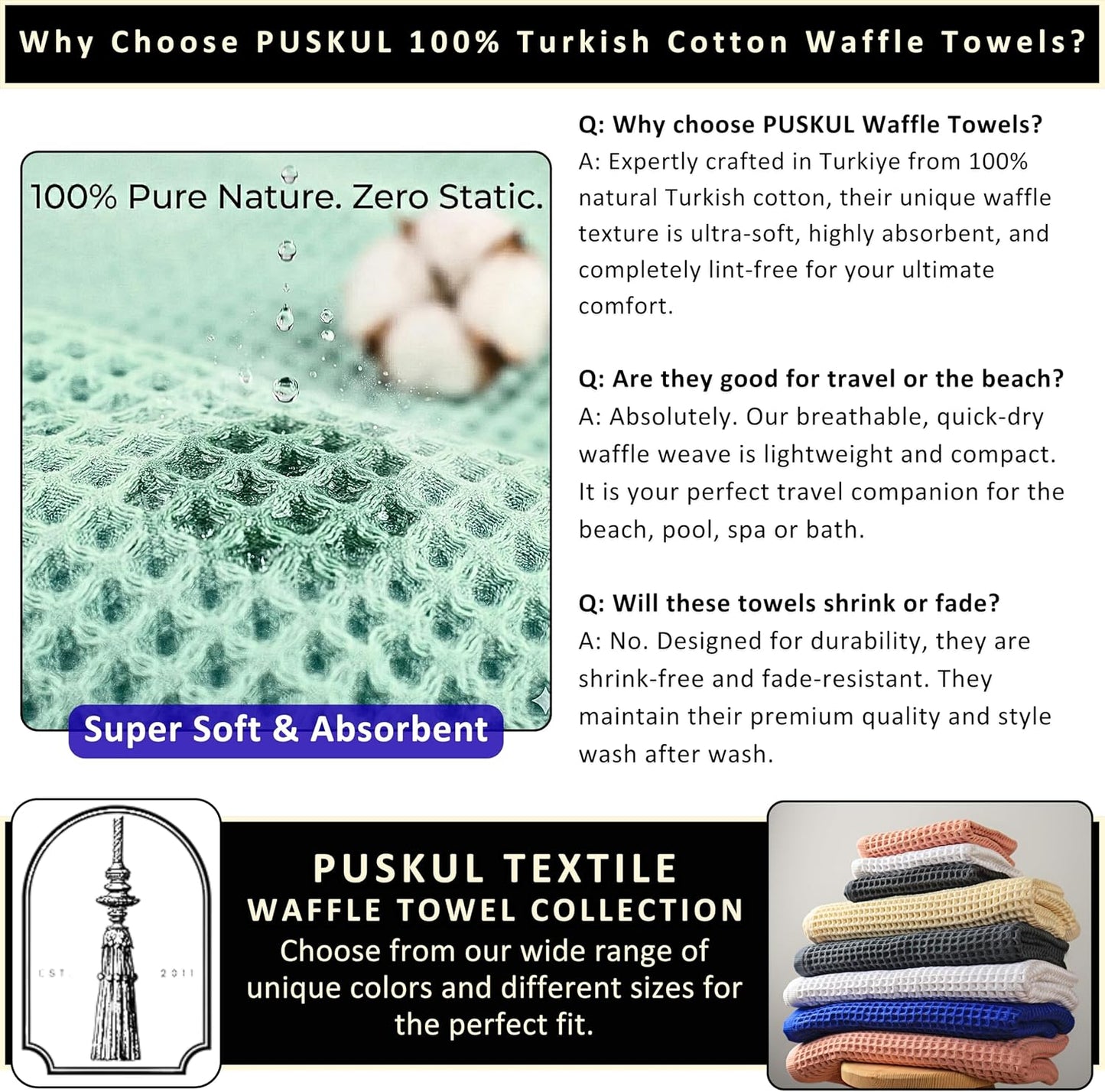 PÜSKÜL Natural 100% Turkish Cotton Waffle Bath Towels Set of 2, Extra-Large | White, Oversize 32x63" Bath sheet towel