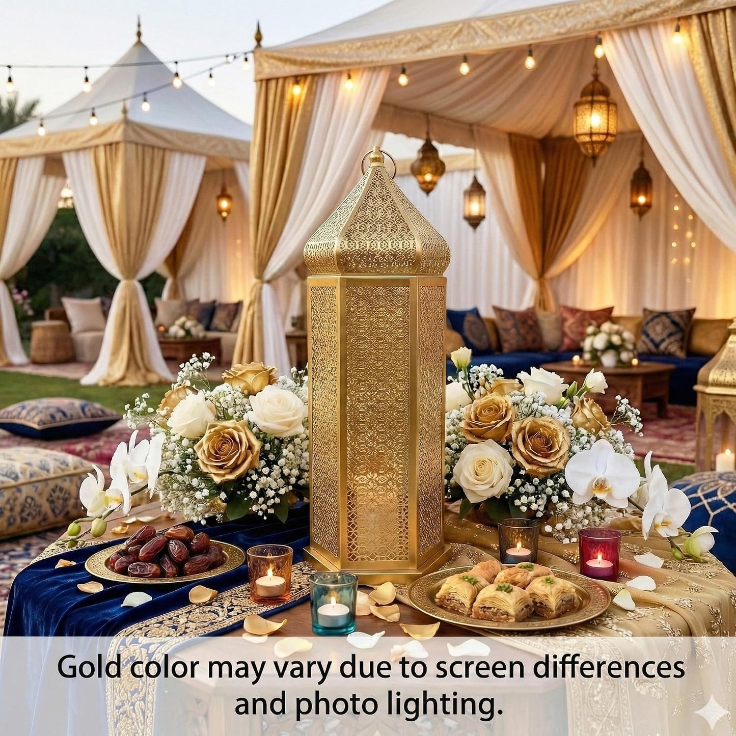 Vela Lanterns Decorative Indoor Gold Moroccan Floor Lantern, Extra Large | Big Moroccan Candle Holder Lamp, Golden