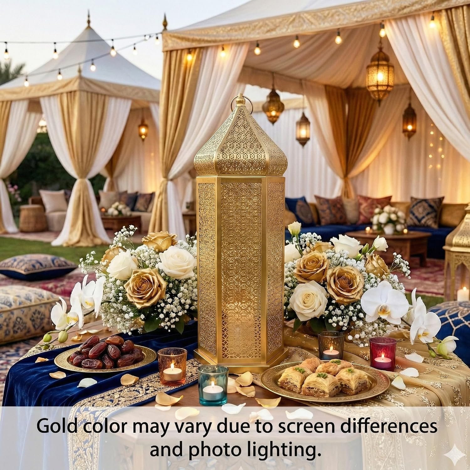 Vela Lanterns Decorative Indoor Gold Moroccan Floor Lantern, Extra Large | Big Moroccan Candle Holder Lamp, Golden