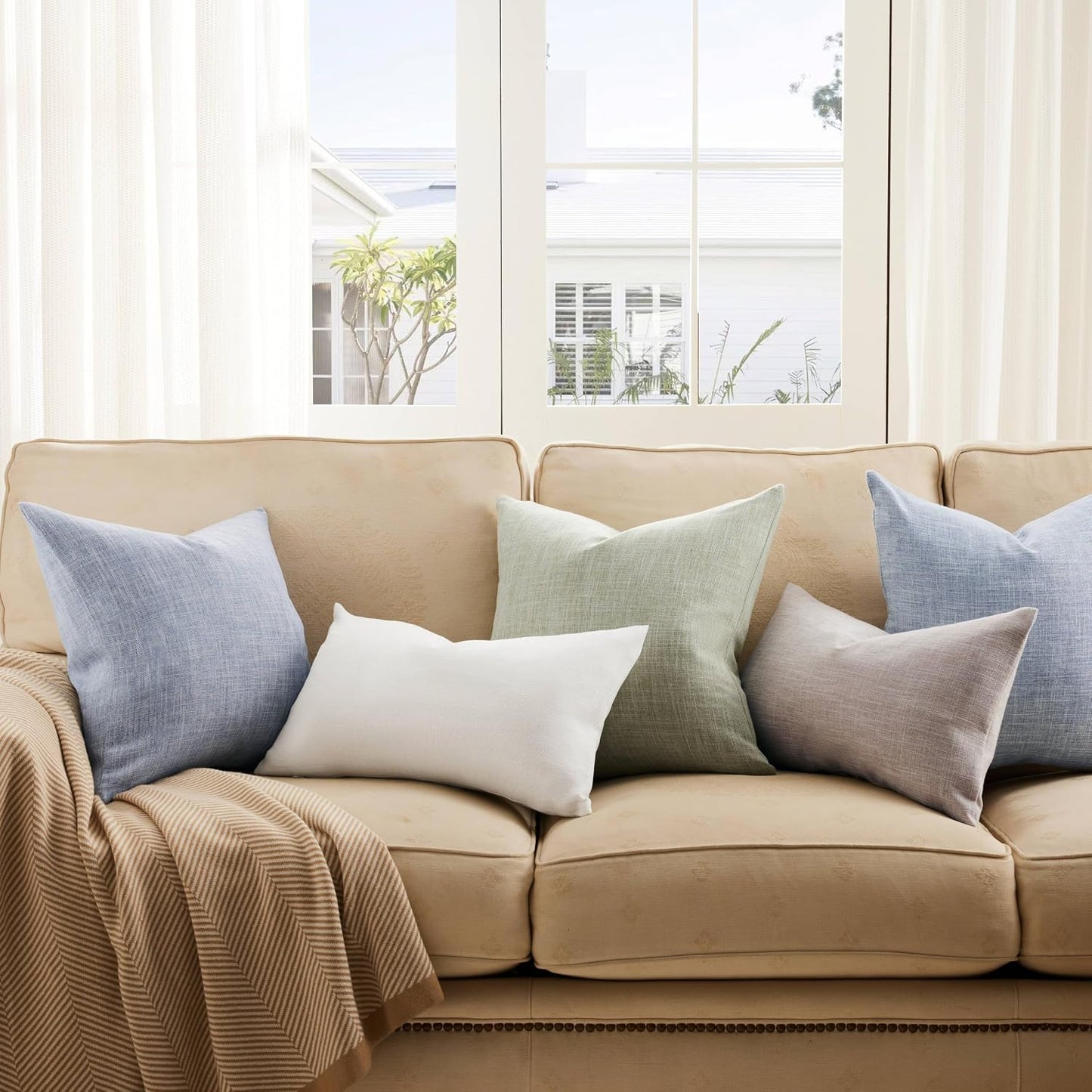 Rustic Cotton Linen Throw Pillow Covers / Taupe / 18 x 18 / Set of 2
