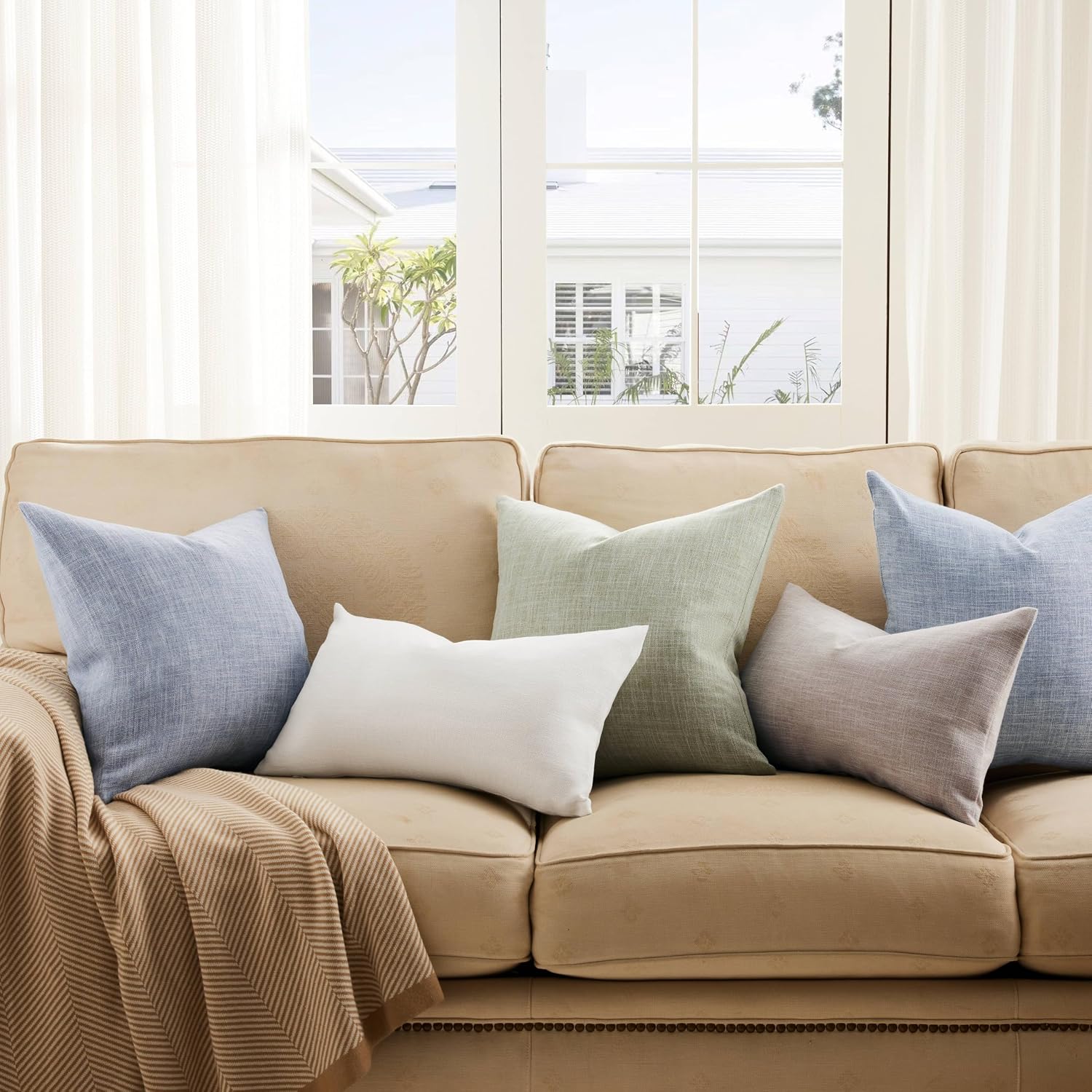 Rustic Cotton Linen Throw Pillow Covers / Taupe / 18 x 18 / Set of 2