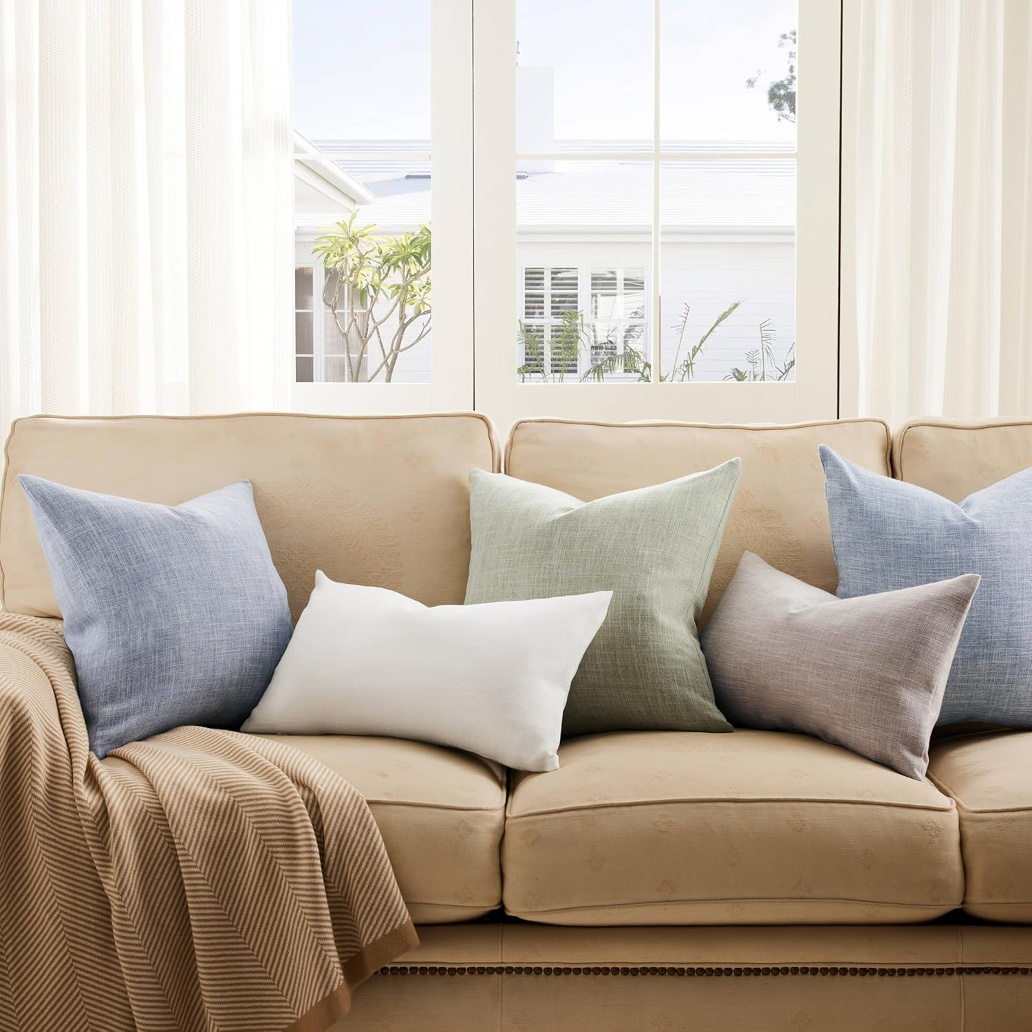 Rustic Cotton Linen Throw Pillow Covers / Blue / 18 x 18 / Set of 2