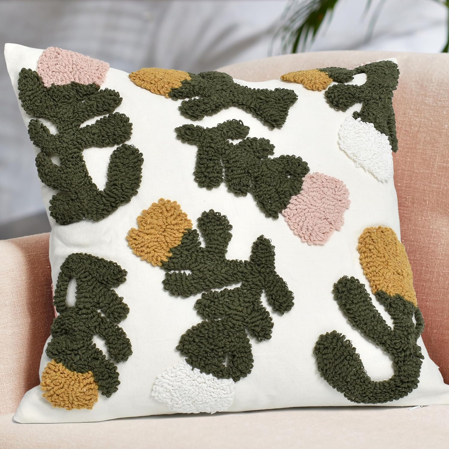 Boho Pillow Covers Boho Tufted Throw Pillow Covers Decorative Tassels / Boho Floral Pink / 18 x 18