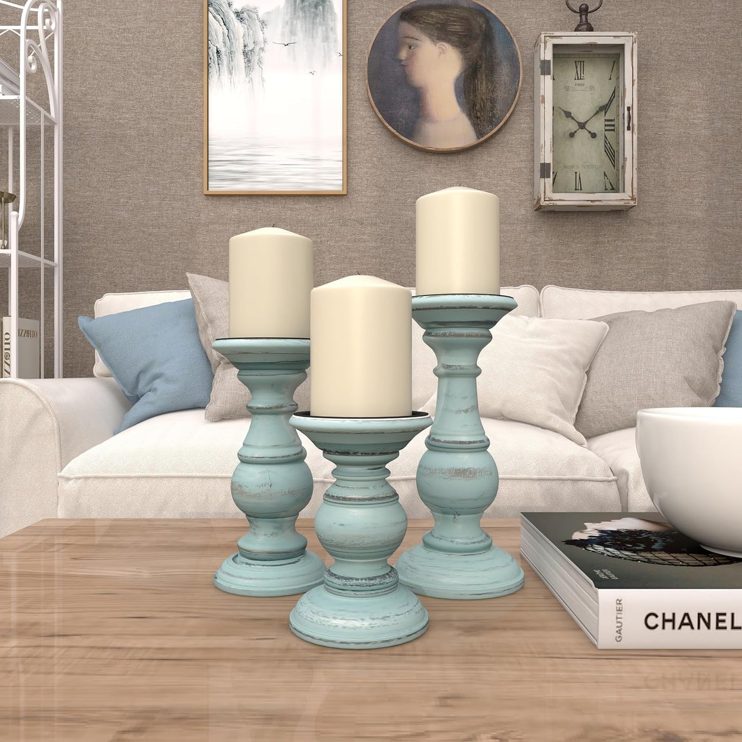 Deco 79 Mango Wood Decorative Candle Holder Distressed Turned Pillar Candle Stand, Set of 3 Candlestick Holder 6", 8"