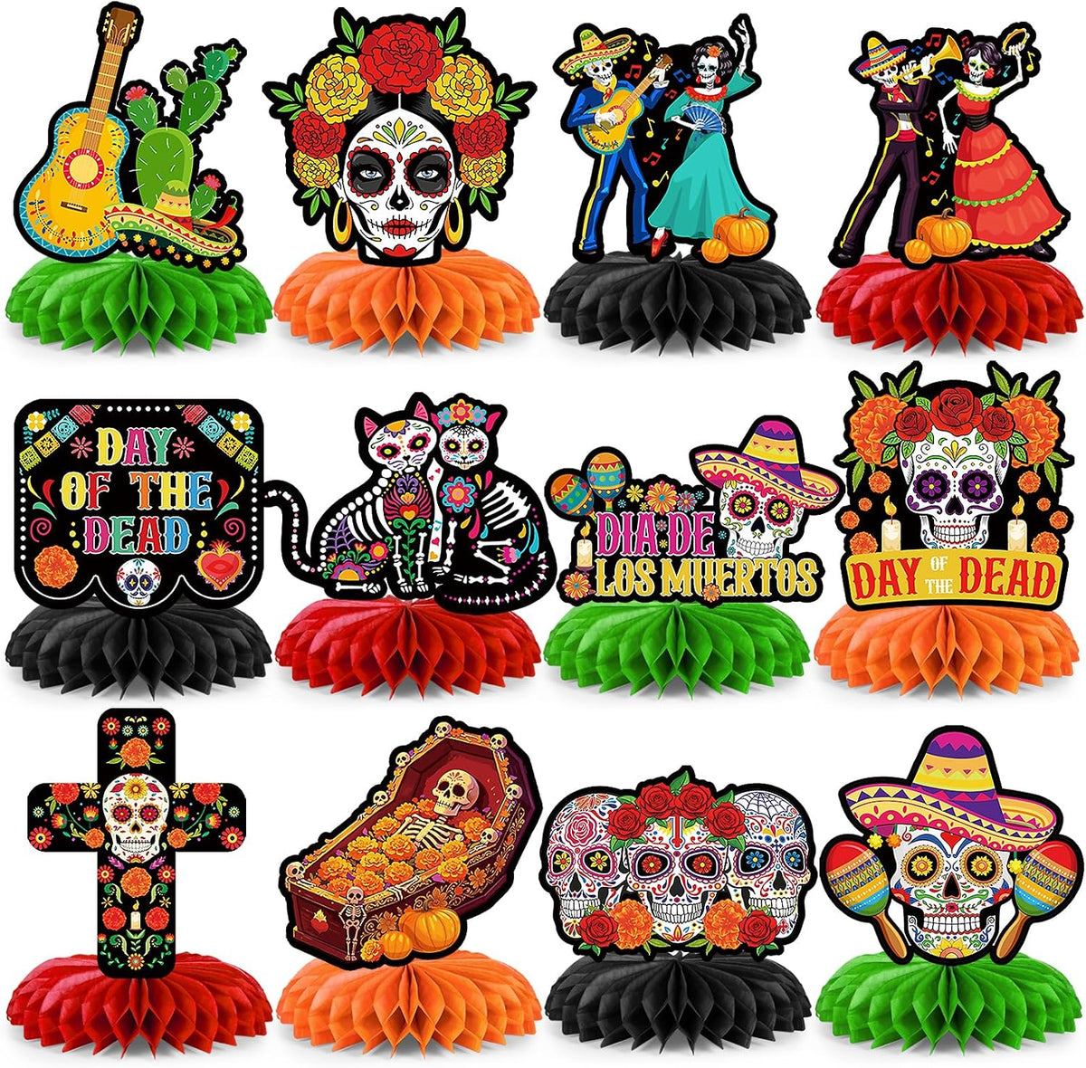 12Pcs Day of the Dead Honeycomb Centerpieces Decorations Dia De Los Muertos Altar Table Decorations Double Side Sugar Skull Table Centerpieces for Mexican Day of The Dead Halloween Party Supplies