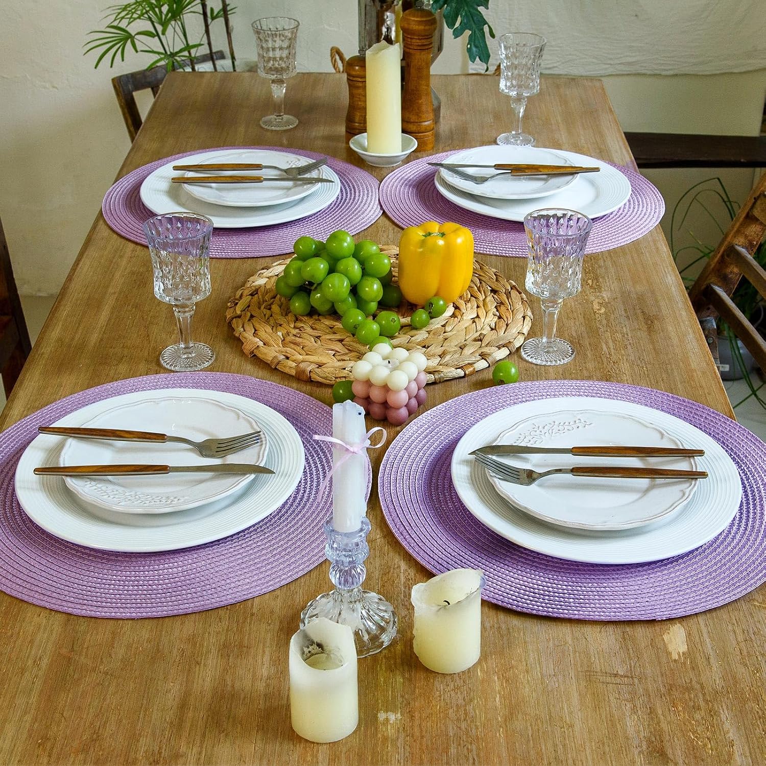 FunWheat Round Braided Placemats Set of 8 Table Mats for Dining Tables Woven Washable Non-Slip Place mats 15