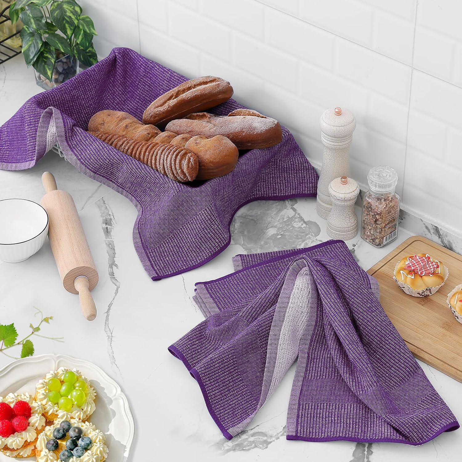 Homaxy 380 GSM Cotton Premium Kitchen Towels 6 Pack, 18"x 28", Purple | Flat and Terry Dish Towels, Highly Absorbent