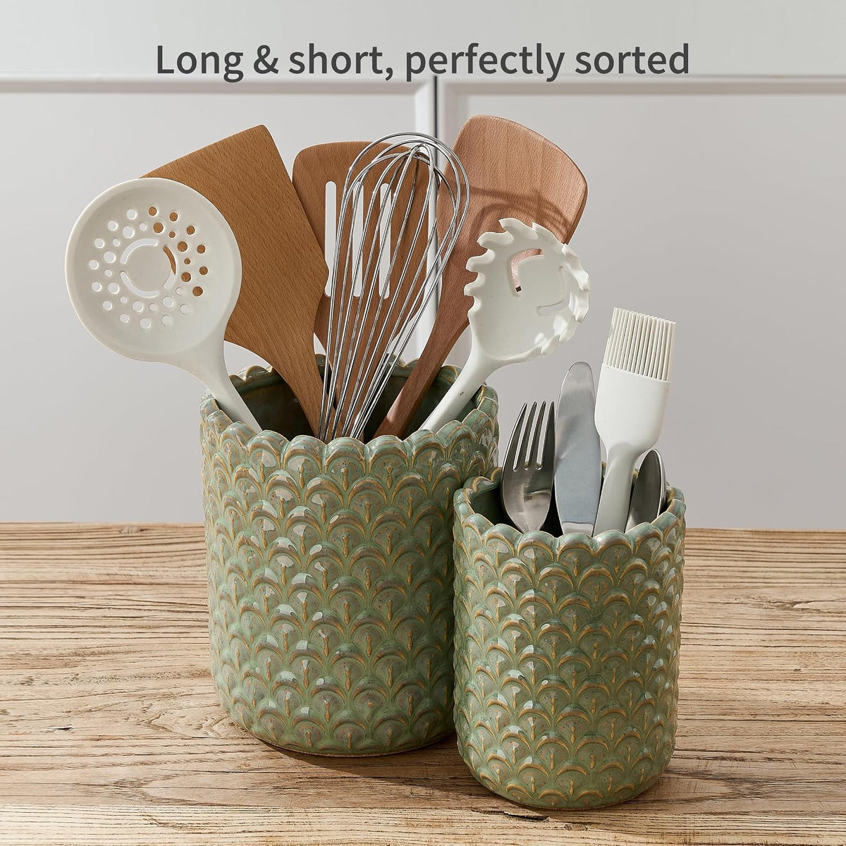 JIEMEI HOME Kitchen Utensil Holder, Large 7.5"+6.2" Petal Ceramic Utensil Crock for Countertop, Utensil Holder with