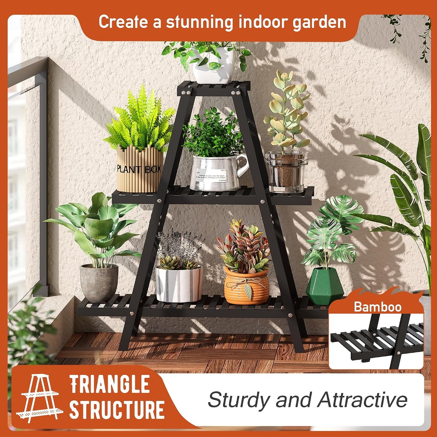 GHWIE Plant Stand Indoor Plant Shelf Outdoor bamboo Plant Rack, 3 Tiers Ladder Plant Holder Flower Stand for Living