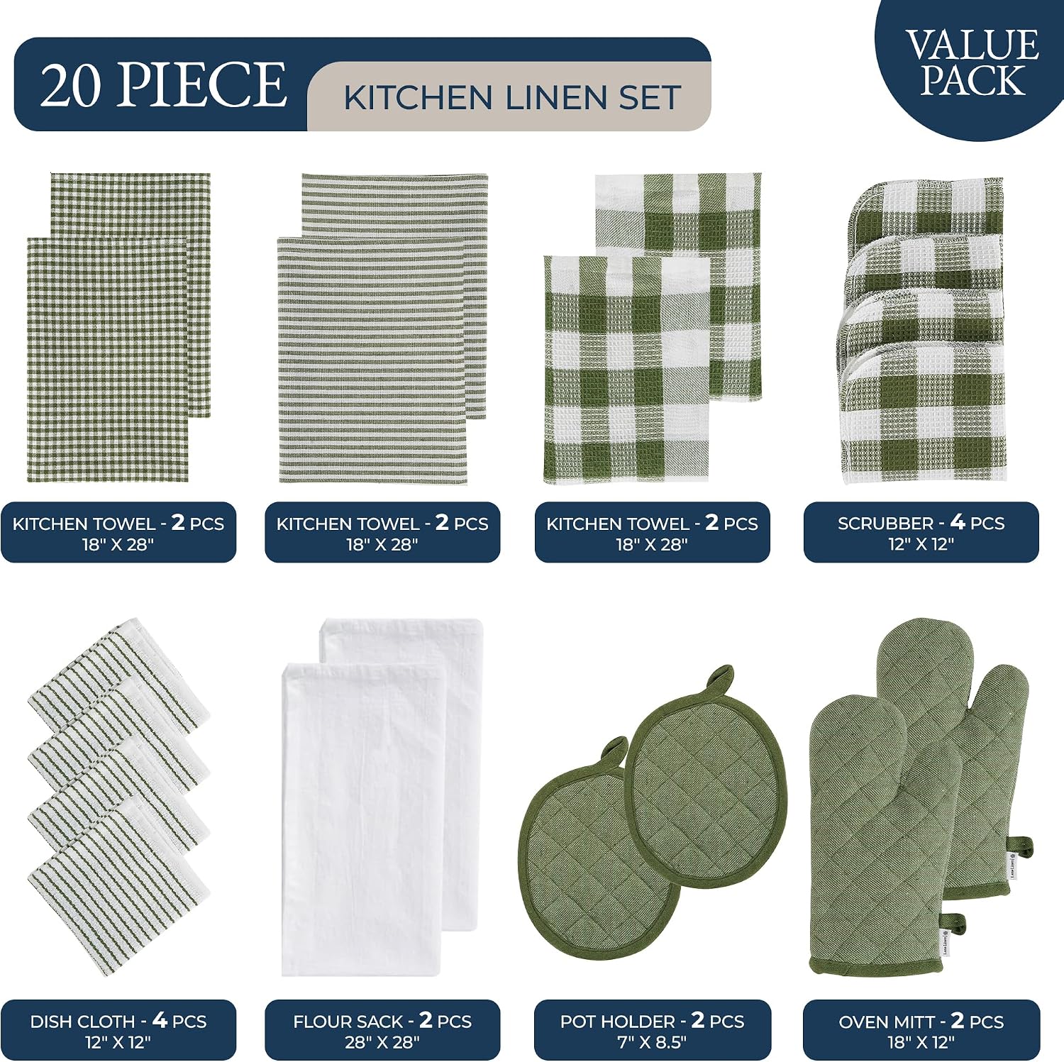 LANE LINEN Kitchen Towel and Pot Holder Sets 20 Pc - Eco Friendly Reusable Cotton Dish Towels, Soft Flour Sack Tea