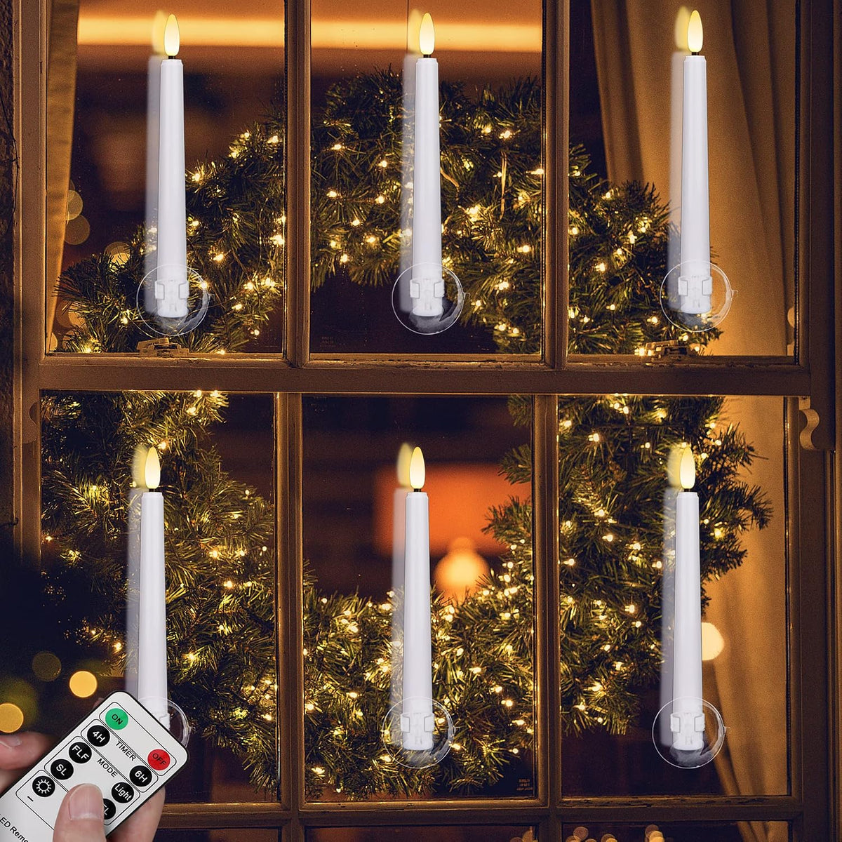 Flameless Window Candles,Battery Opeated LED Taper Candle with Cycle Timer, Remote & Suction Cups,for Christmas Home Wedding Decor Pack of 9