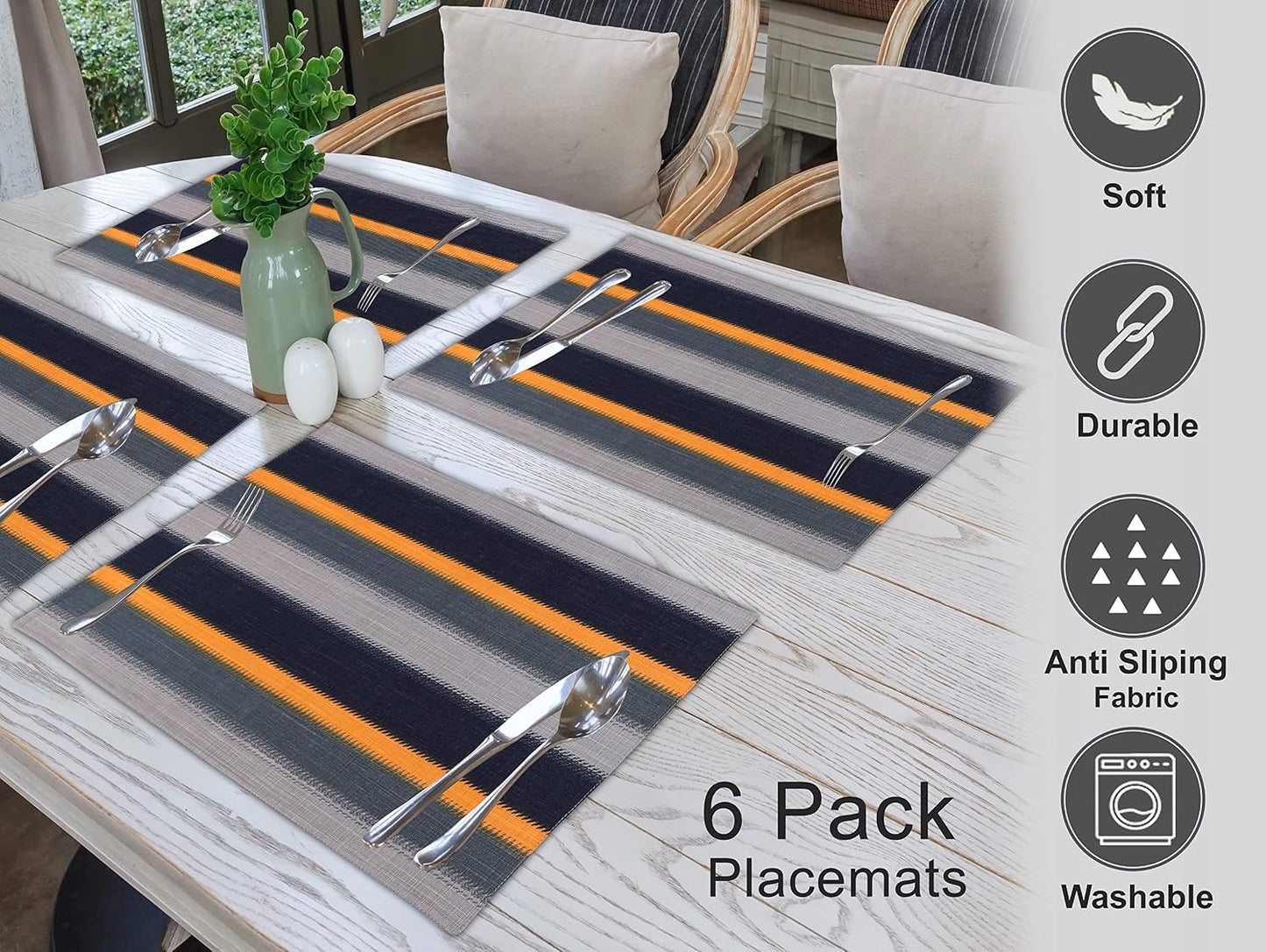 Ruvanti Placemats Set of 6, 100% Cotton Place Mats of 13"x19" – Stripes | Heat, Stain resistant, Washable, Non-Slip