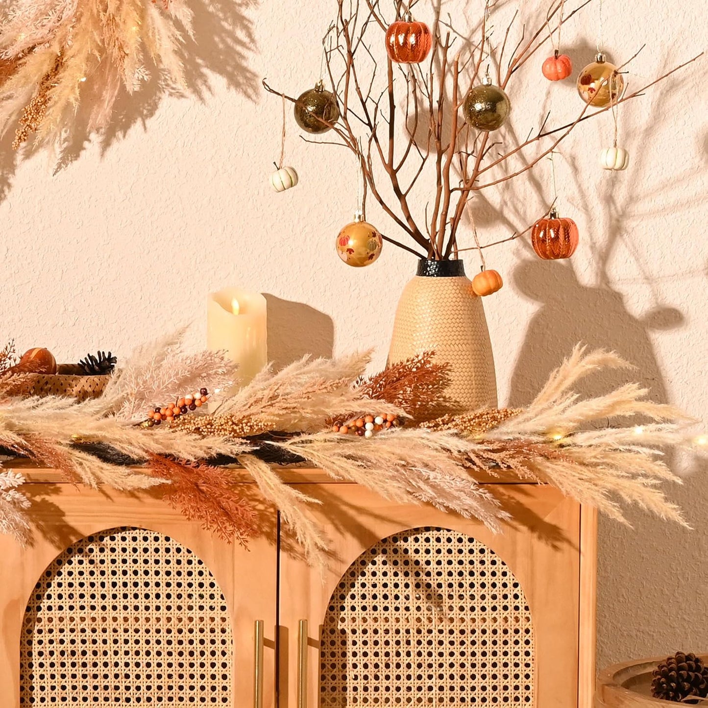 Pre-Lit Light Up Artificial Faux Pampas Grass Garland / Orange and Gold / 6 Inch