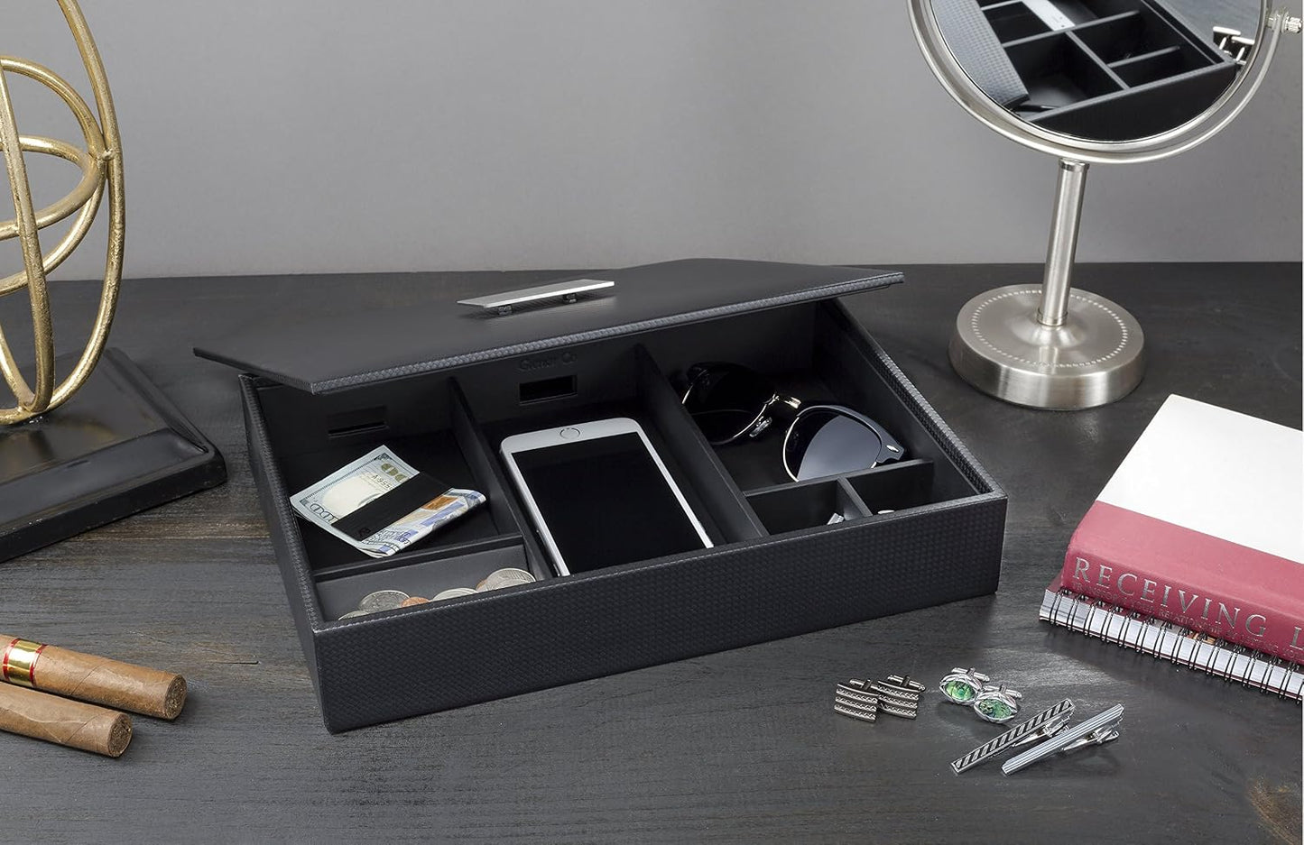 Glenor Co Mens Valet Tray/Dresser Organizer & Lid - 6 Slot Luxury Jewelry Accessories Box, Carbon Fiber Design & Metal