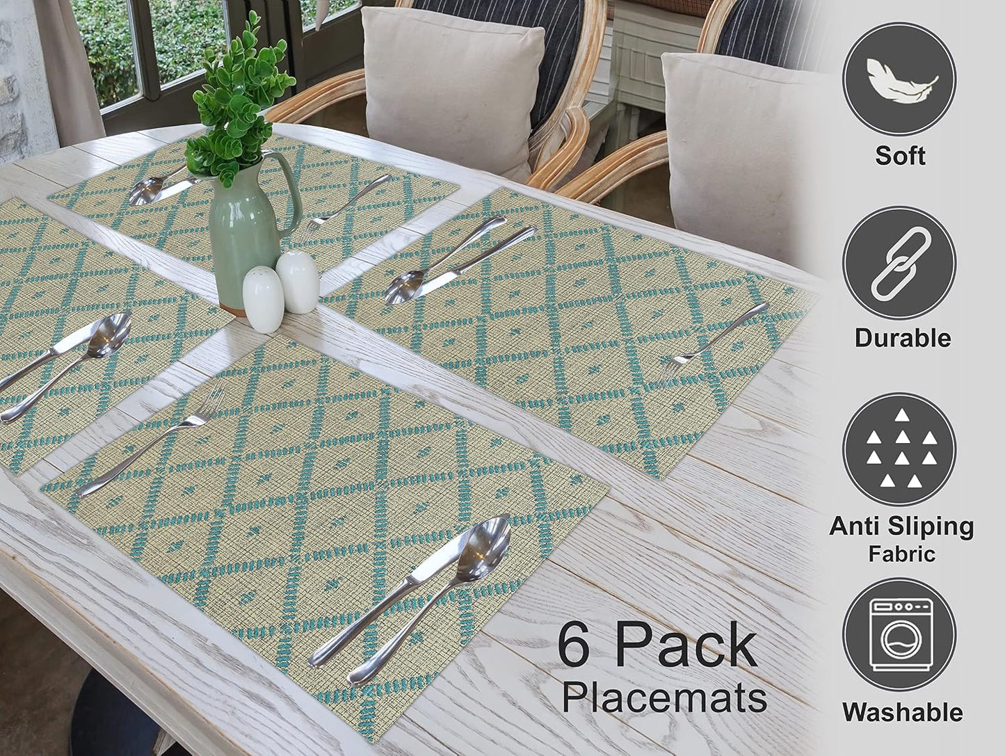 Ruvanti Placemats Set of 6, 100% Cotton Place Mats of 13"x19" – Linear | Heat, Stain resistant, Washable, Non-Slip