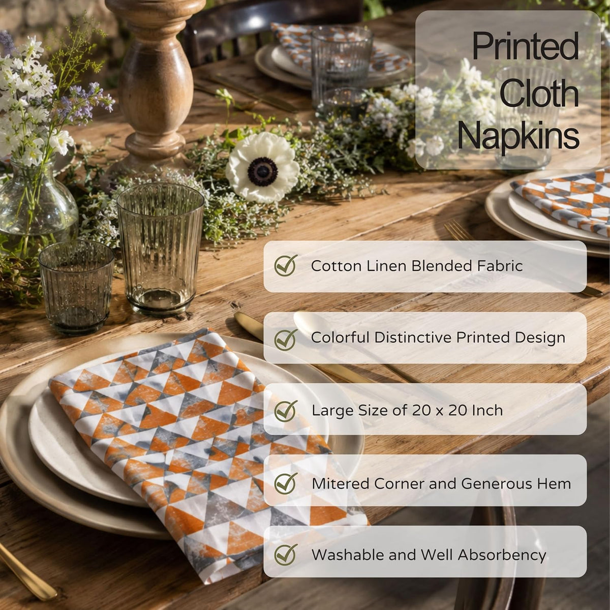 FINGERCRAFT Cloth Napkins Set of 12 Cotton Linen, 20x20 in, Terracotta Geo | Mitered corner, washable, soft, absorbent