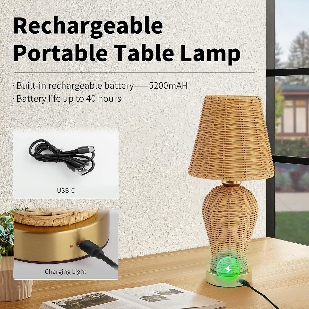 Boho Rattan Rechargeable Cordless Table Lamp, Touch Dimmable Battery Operated Table Light, for Patio Restaurant Kitchen