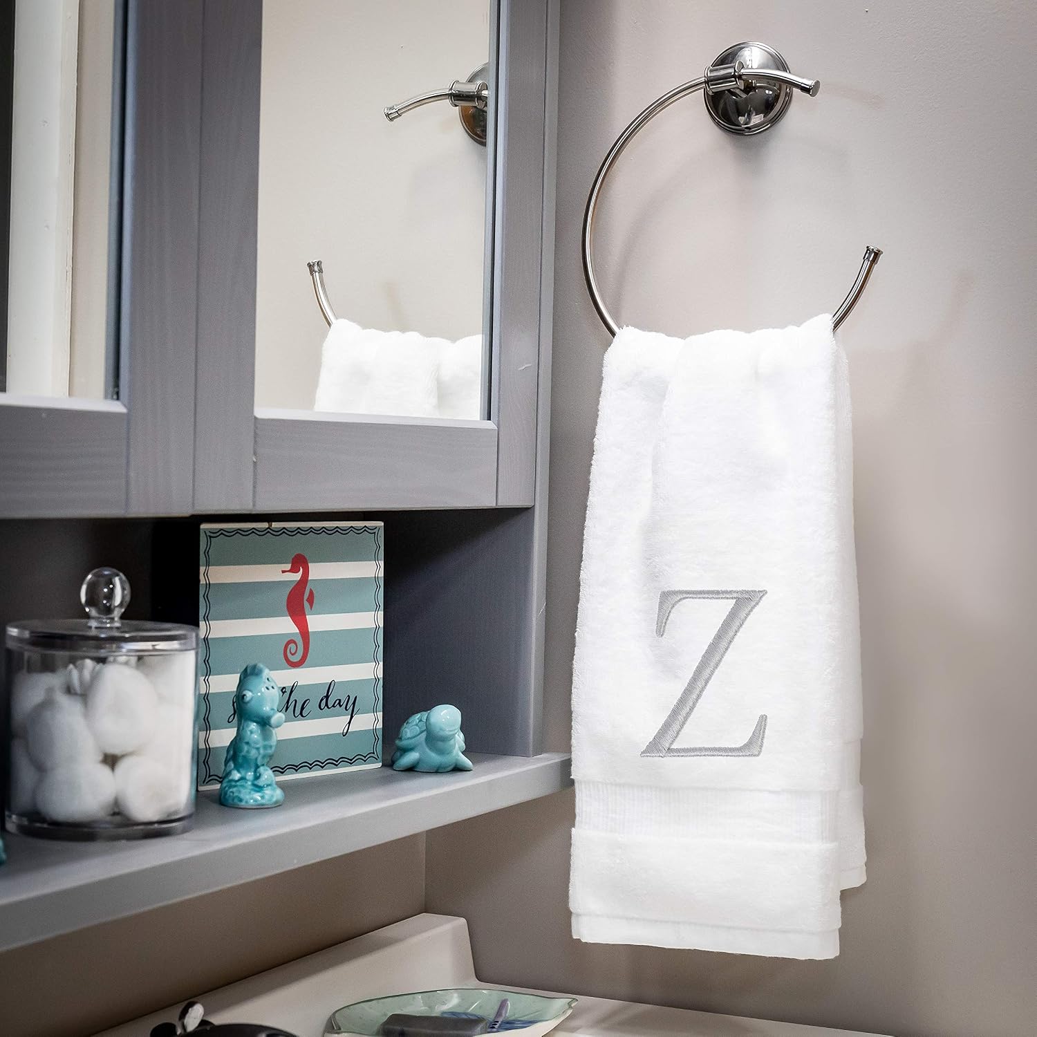 White with Silver Monogrammed Hand Towels for Bathroom - Set of 2 Letter Z | Luxury Hotel Quality Initial Towels For