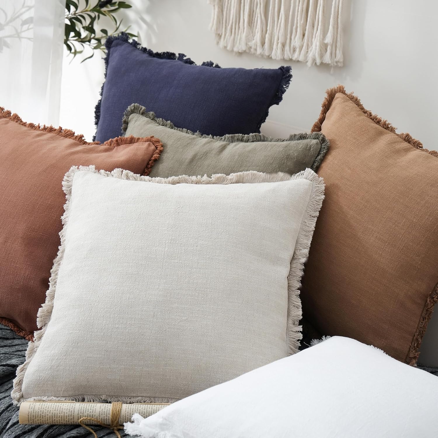 Decorative Linen Fringe Throw Pillow Covers Boho Farmhouse / 18 x 18 / Natural Beige / Set of 2