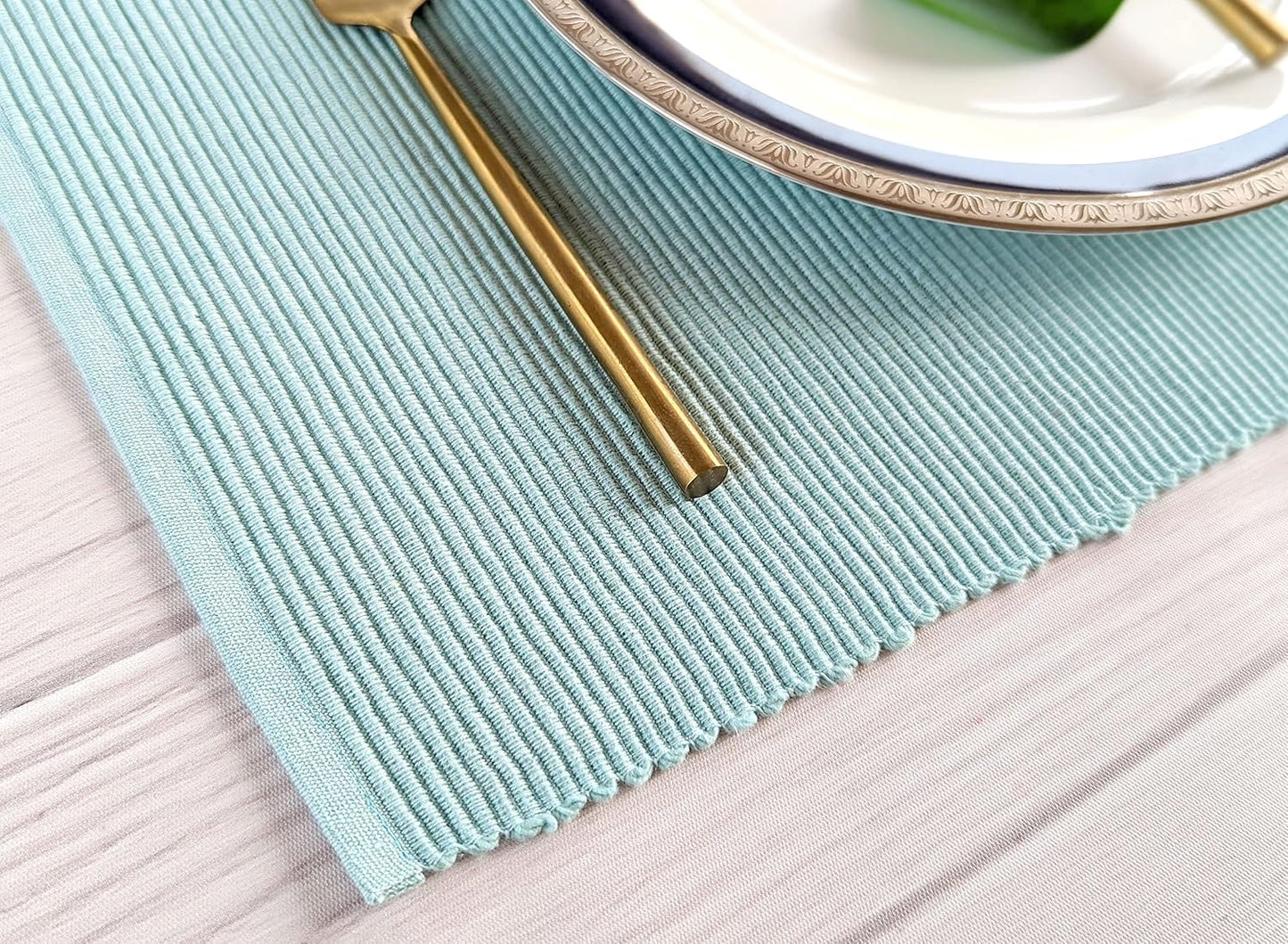 100% Cotton Ribbed Placemats - Set of 8-13 x 19 Inches - Light Blue - Everyday Cloth Table Mats - Thick Construction