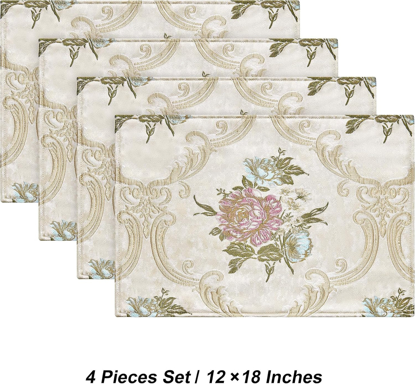 Loom and Mill Jacquard Floral Placemats Set of 4, Pearly Beige, 12x18in | Luxury Elegant Non-Slip Table Place Mats for
