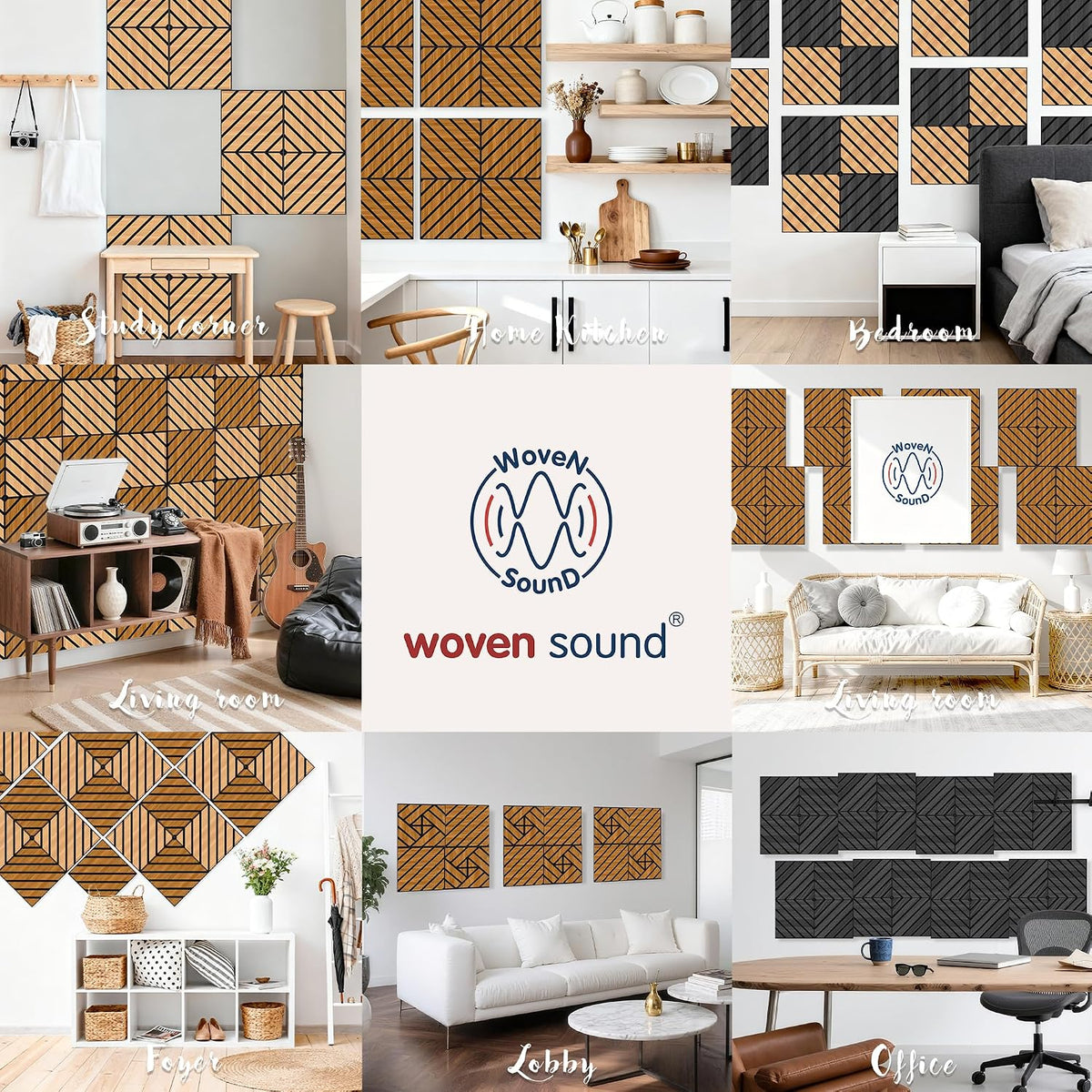 WoveN SounD Acoustic Wall Panels, Teak, 16 Pack, 12x12 in | Self-Adhesive, NRC 0.95, Carved Pattern, Sound Proof, Echo